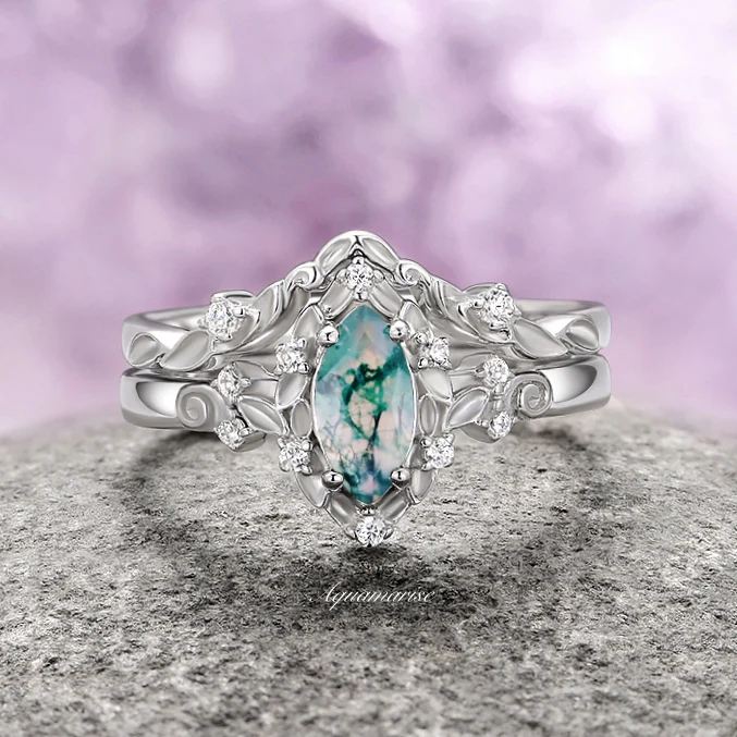 Fairy Green Moss Agate Leaf Ring Set- Sterling Silver - Image 2