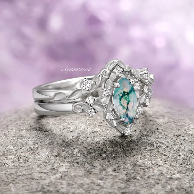 Fairy Green Moss Agate Leaf Ring Set- Sterling Silver - Image 8