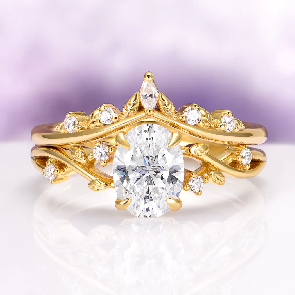 Oval Cut Moissanite Leaf Engagement Ring Set in 14K Solid Yellow Gold