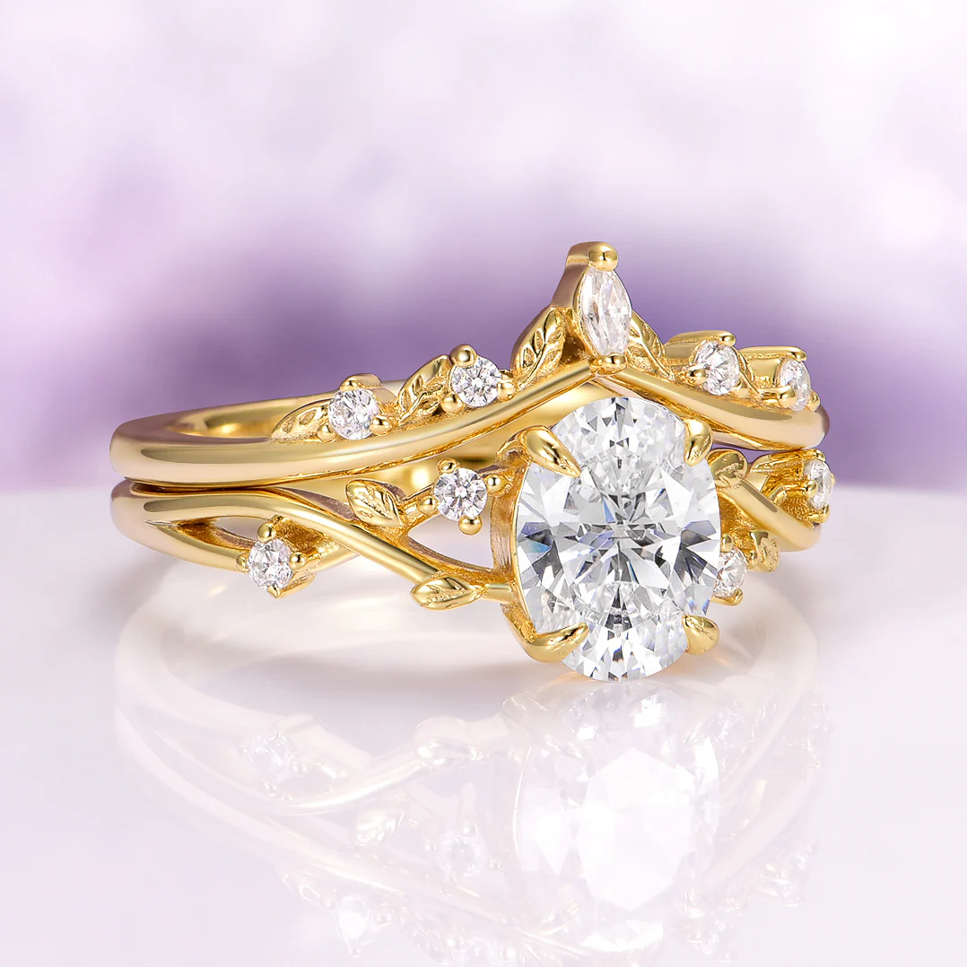 Oval Cut Moissanite Leaf Engagement Ring Set in 14K Solid Yellow Gold - Image 2