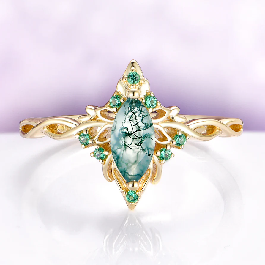 Fairy Queen Moss Agate & Emerald Lotus Engagement Ring in Solid 14K Yellow Gold