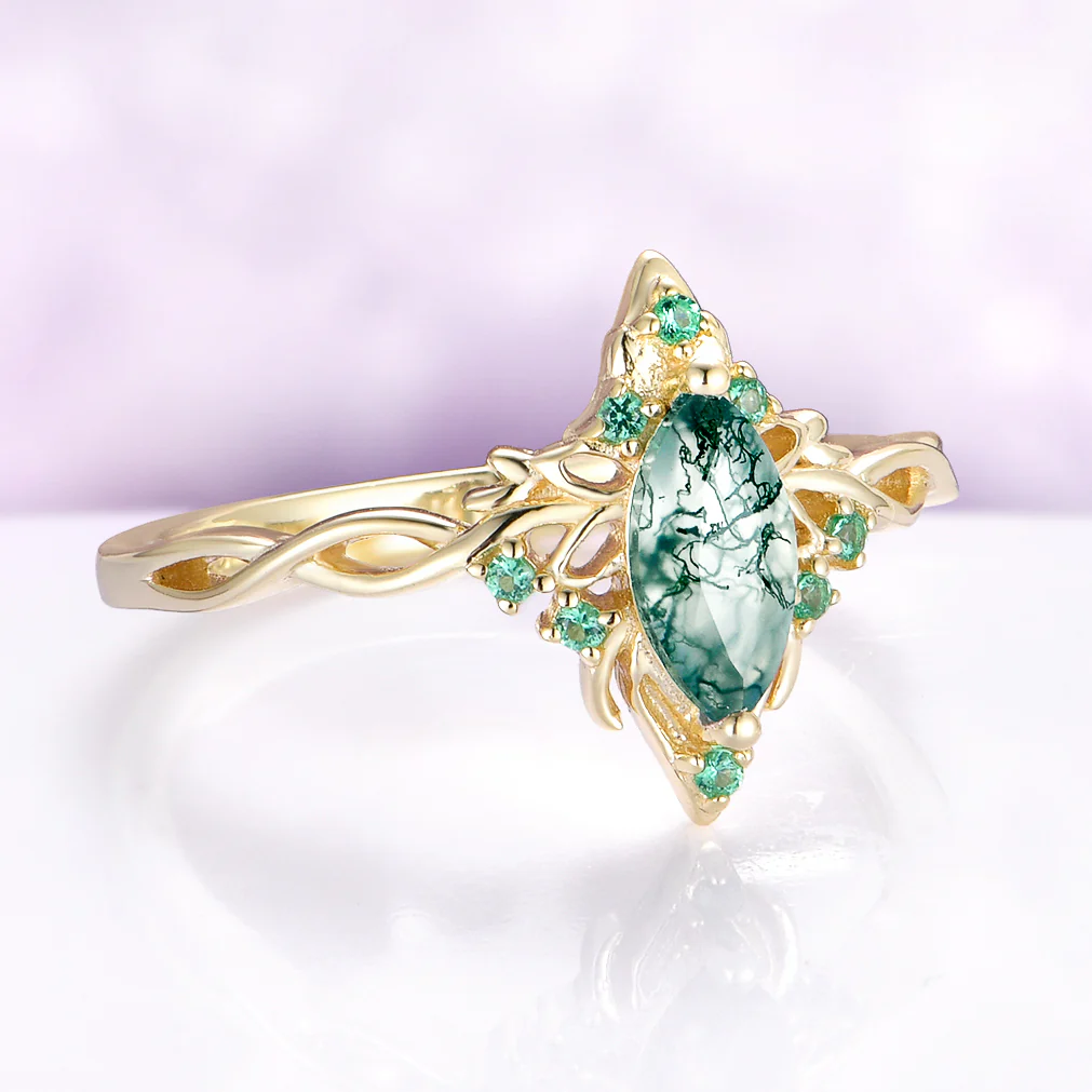 Fairy Queen Moss Agate & Emerald Lotus Engagement Ring in Solid 14K Yellow Gold - Image 2