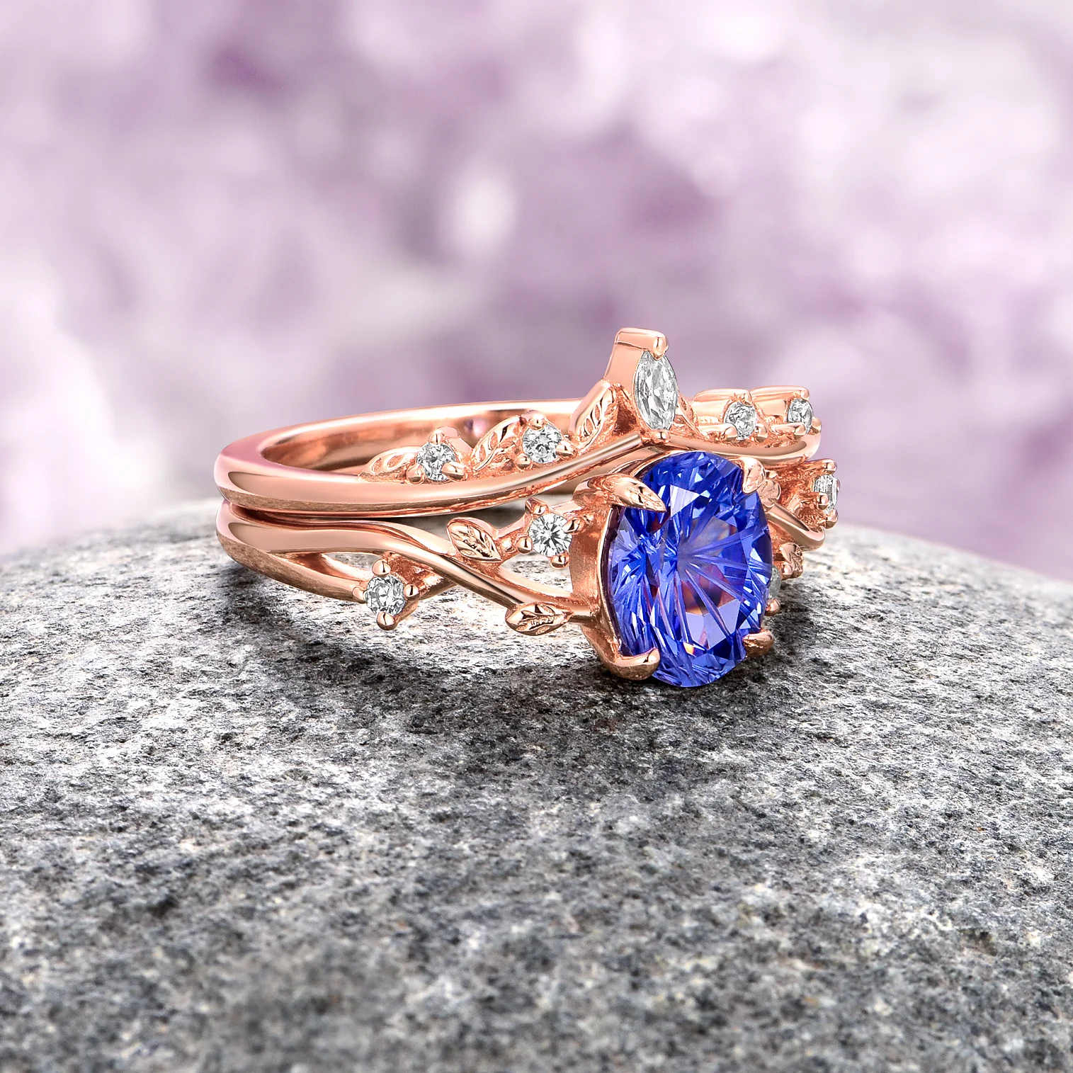 Fantasy Cut Sapphire Leaf Ring Set- 14K Solid Rose Gold - Image 2