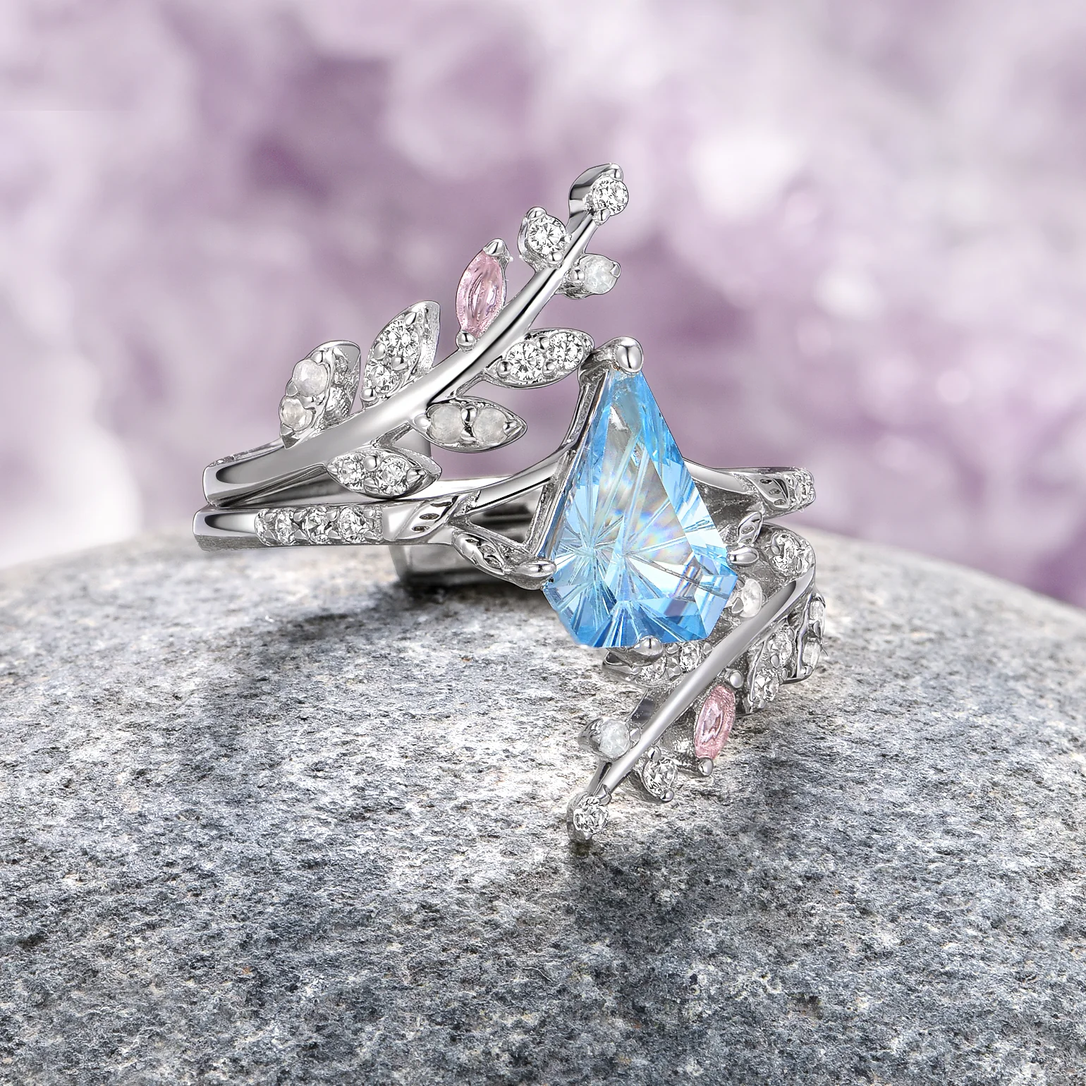 Fantasy Shield Cut Aquamarine & Rose Quartz Ring Set in Sterling Silver - Image 3