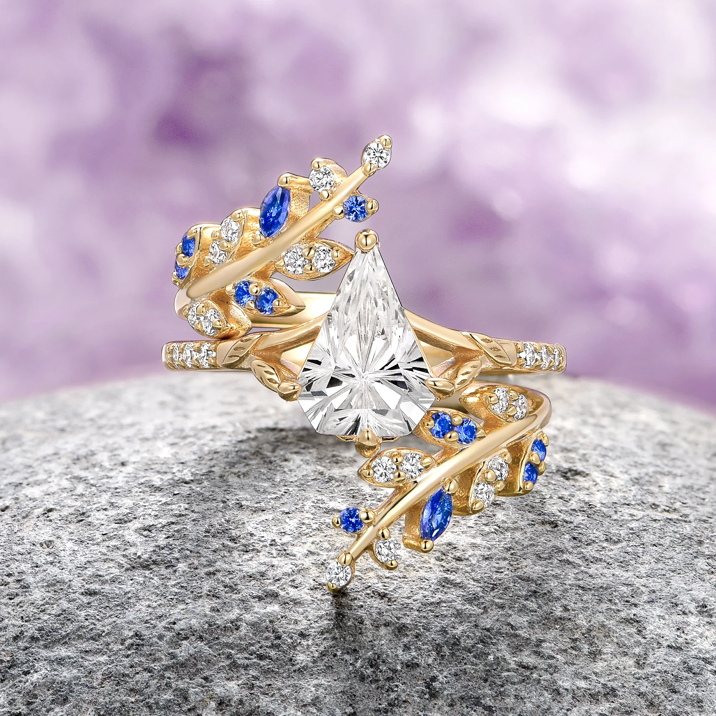 Blue Sapphire & Fantasy Shield Cut Diamond (CZ) Couples Ring Set - Image 2