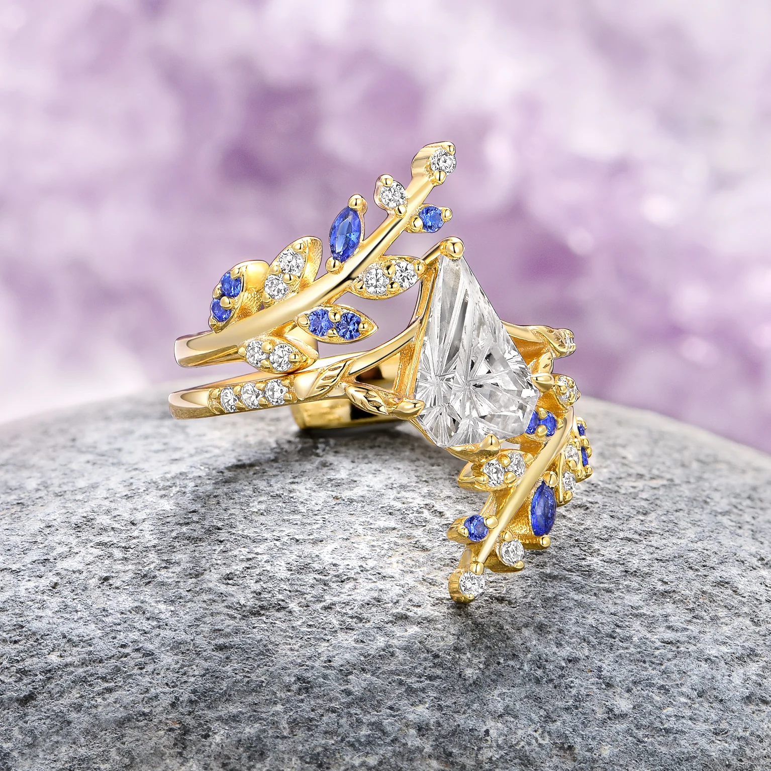 Blue Sapphire & Fantasy Shield Cut Diamond (CZ) Couples Ring Set - Image 5