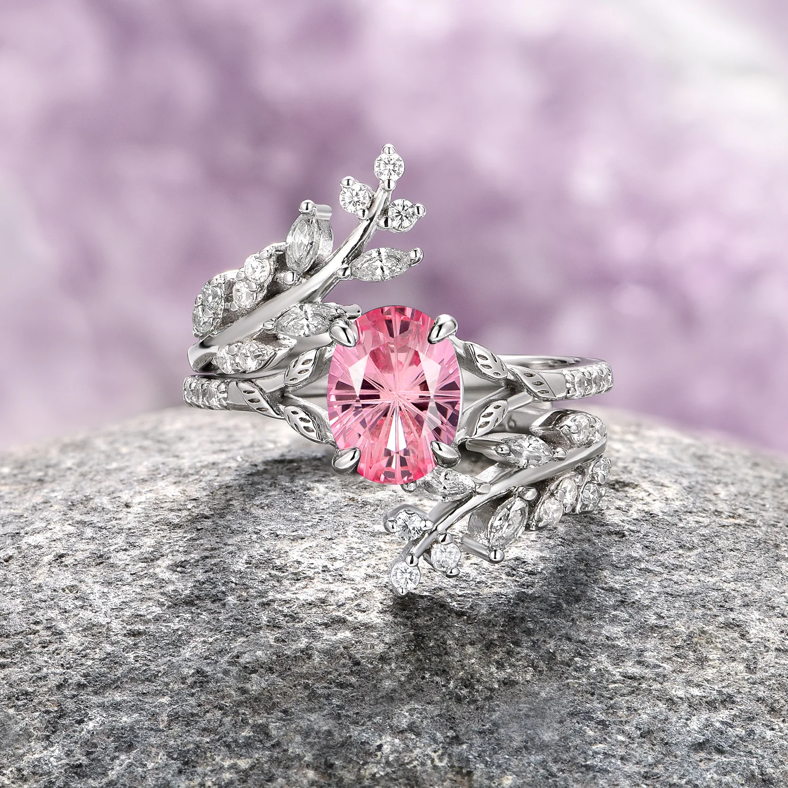 Fireworks Cut Lab-Grown Pink Sapphire Leaf Engagement Ring Set in Sterling Silver - Image 8
