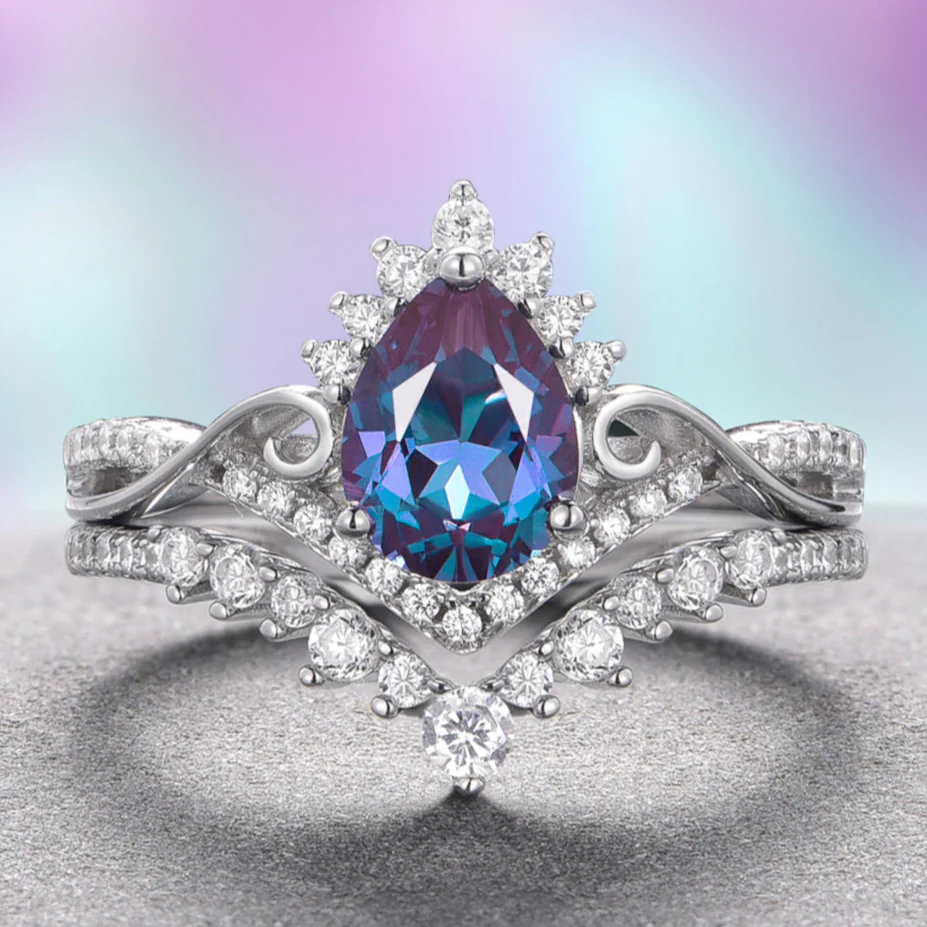 Faye Alexandrite Ring Set in Sterling Silver  (Two Piece)