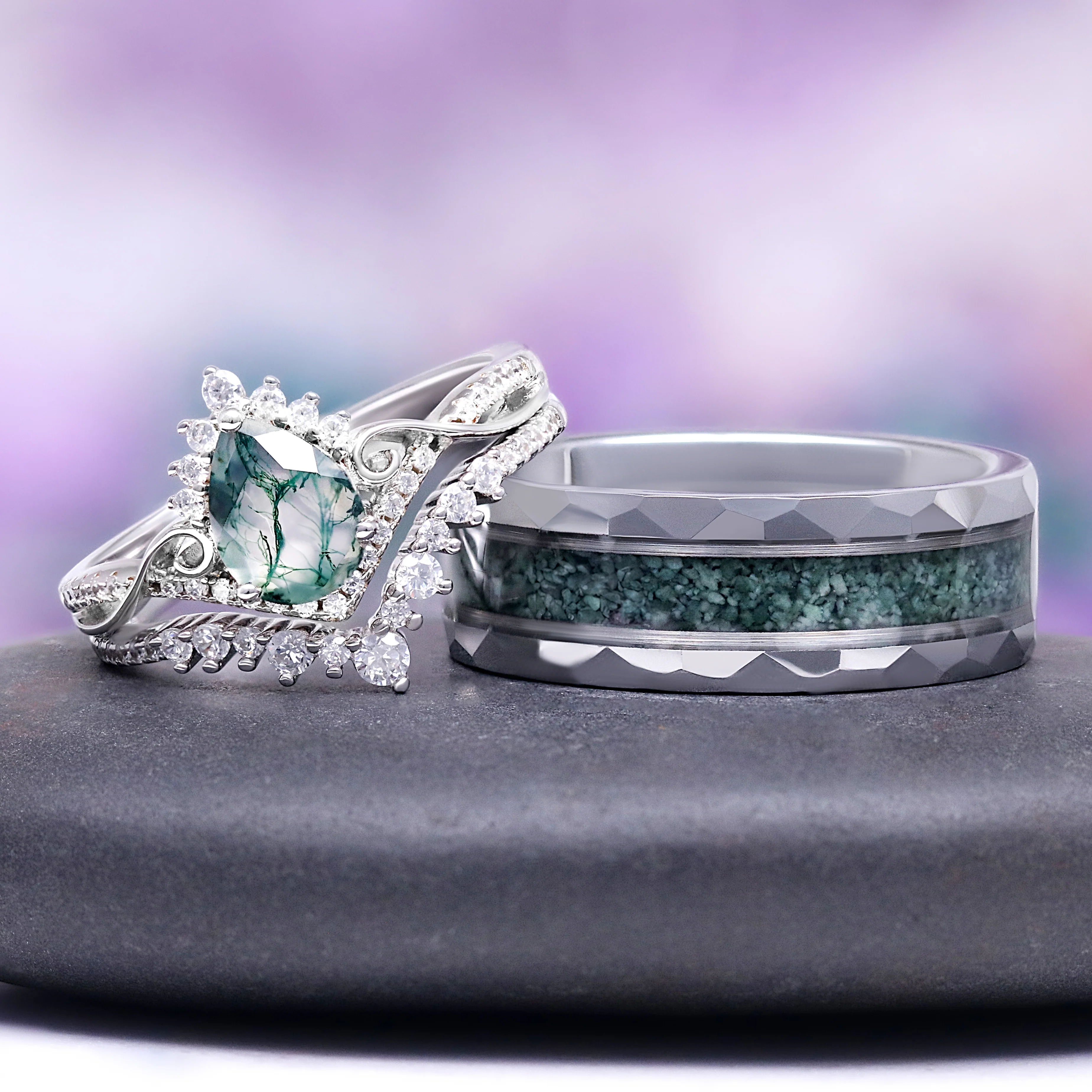Faye Green Moss Agate Couples Ring Set
