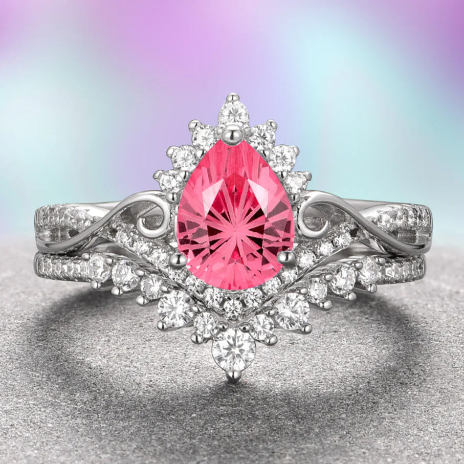 Faye Pink Sapphire Engagement Ring Set- Sterling Silver (Fantasy Cut)