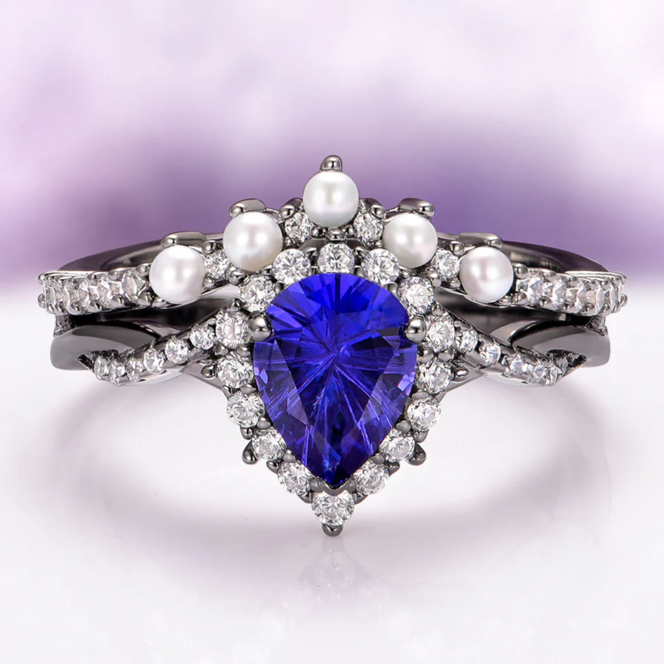 Briar Blue Sapphire and Pearl Engagement Ring Set in Black Ruthenium