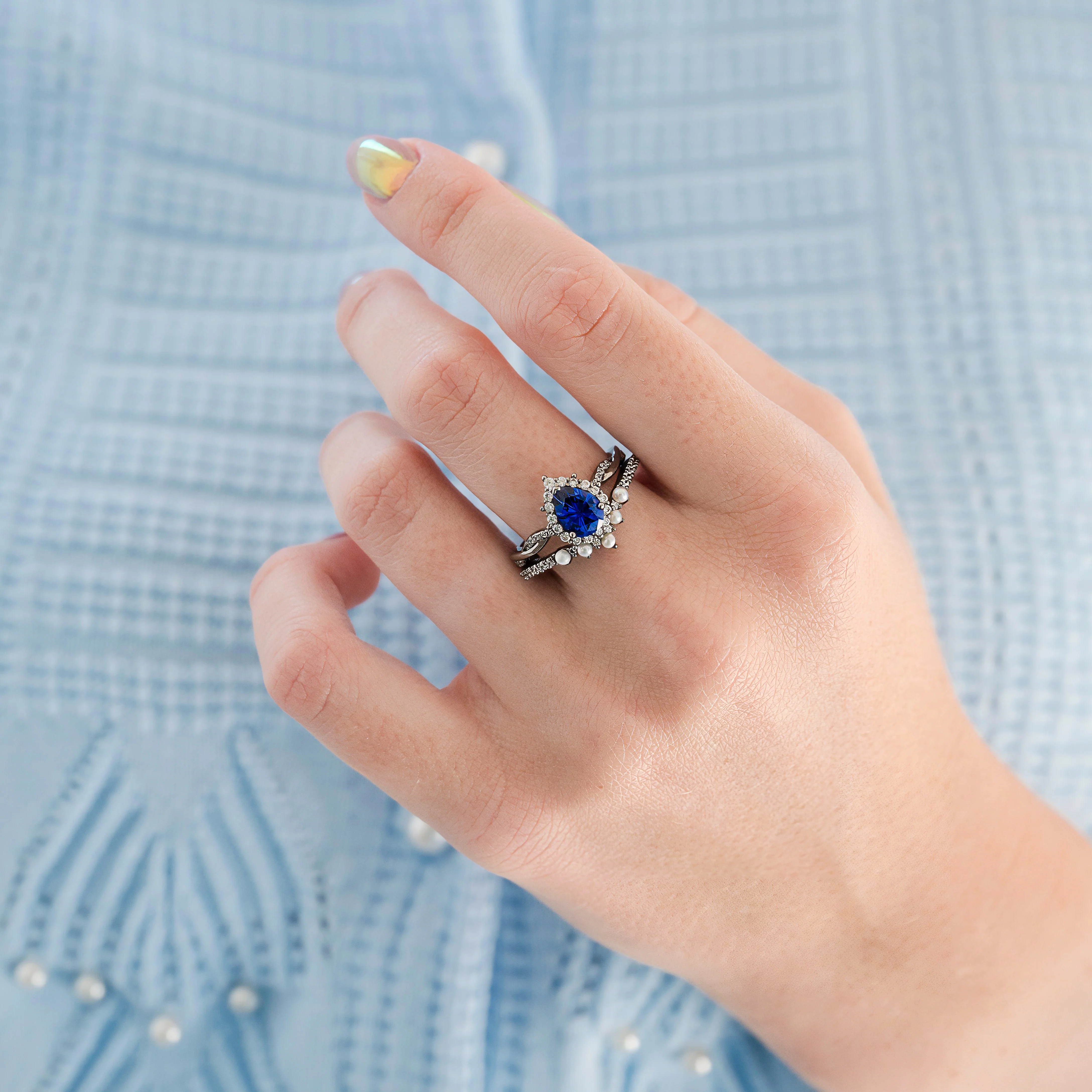 Briar Blue Sapphire and Pearl Engagement Ring Set in Black Ruthenium - Image 2