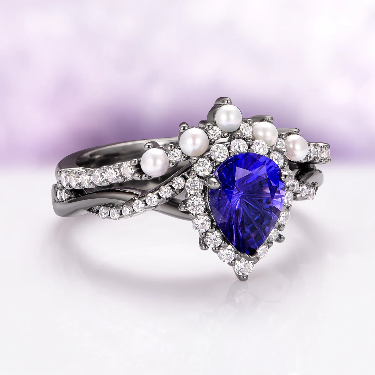 Briar Blue Sapphire and Pearl Engagement Ring Set in Black Ruthenium - Image 3