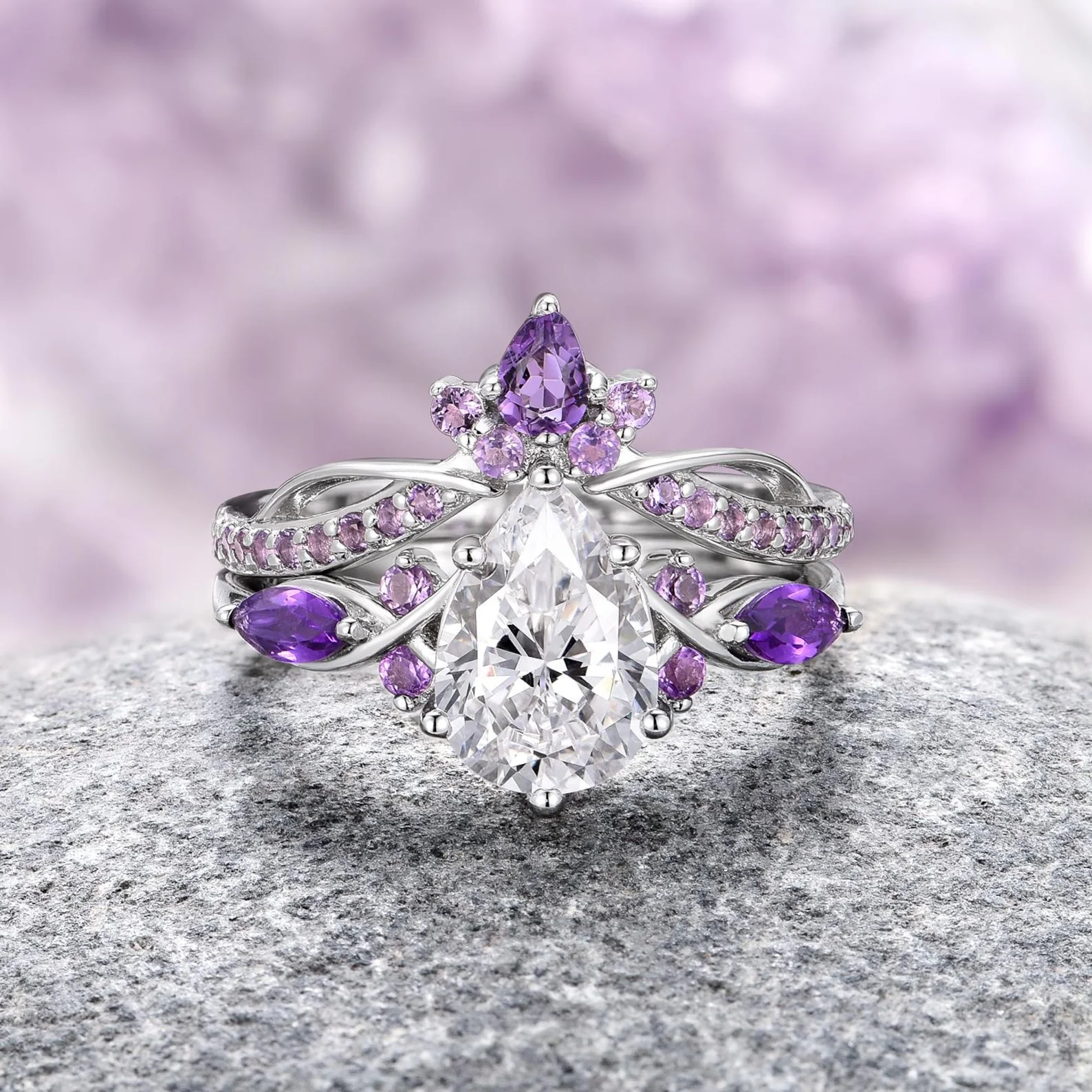 Feyra Amethyst & Simulated Diamond Couples Ring Set - Image 4