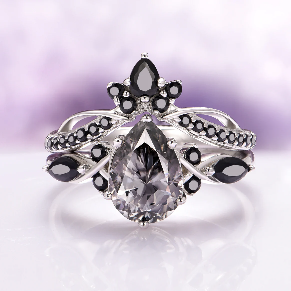 Feyra Black Onyx Tiara Wedding Band- 14K White Gold - Image 3