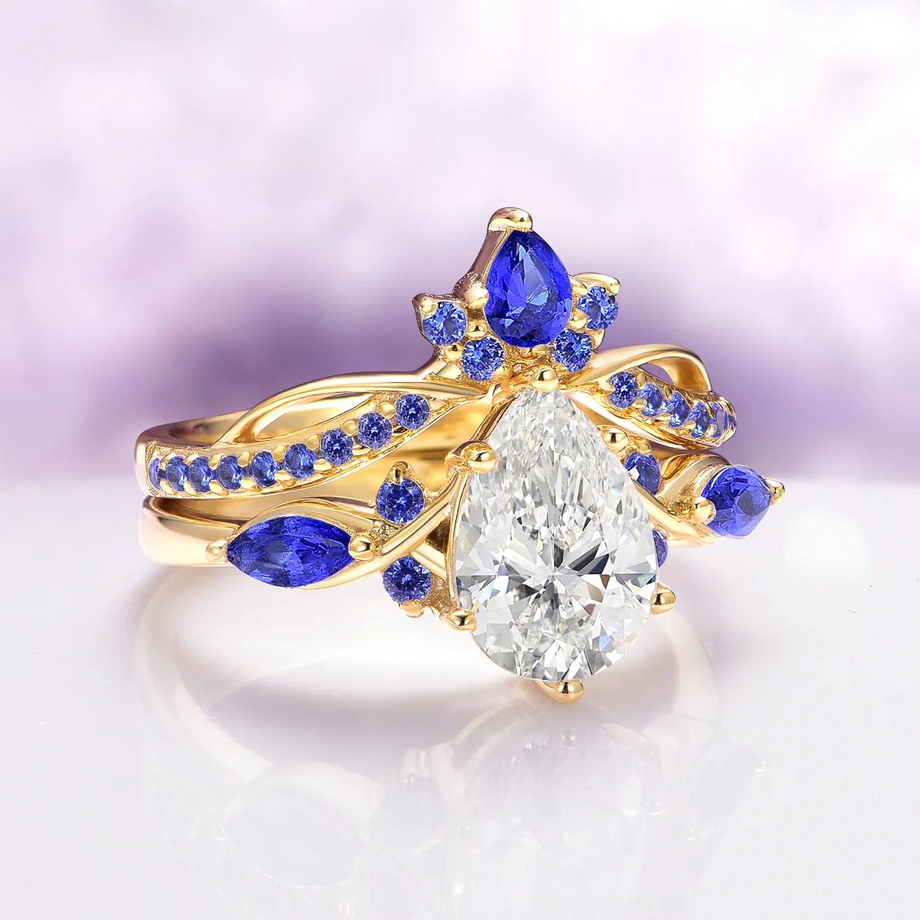 Feyra Lab-Grown Diamond and Blue Sapphire Engagement Ring Set in 14K Solid Yellow Gold (IGI Certified) - Image 2