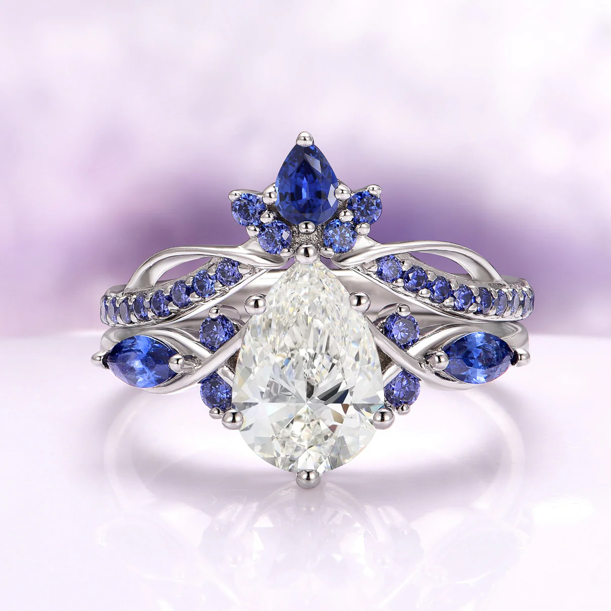 Feyra Blue Sapphire Crown Wedding Band in 14K White Gold - Image 3