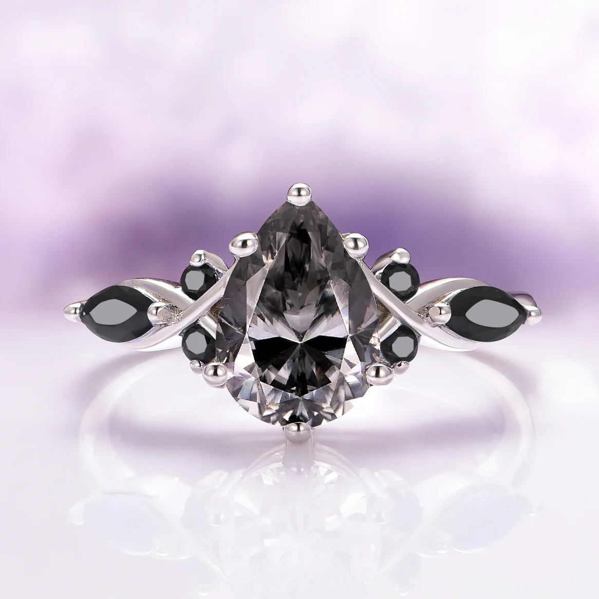 Feyra Gray Moissanite and Black Onyx Engagement Ring- 14K White Gold