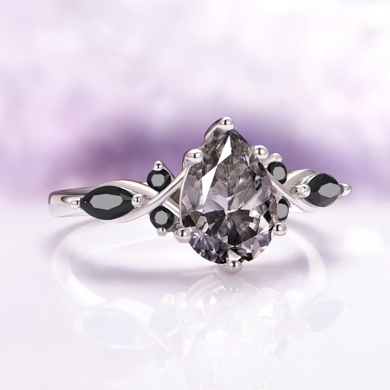 Feyra Gray Moissanite and Black Onyx Engagement Ring- 14K White Gold - Image 2