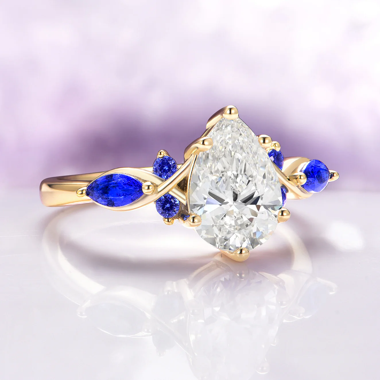 Feyra Lab-Grown Diamond and Blue Sapphire Engagement Ring Set in 14K Solid Yellow Gold (IGI Certified) - Image 4