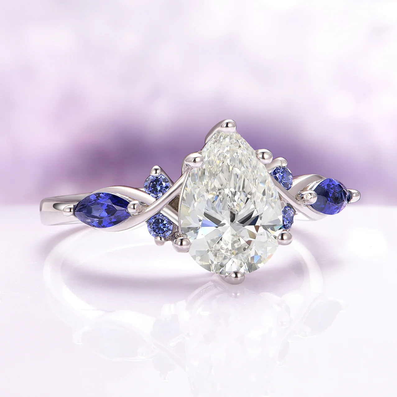 Feyra Lab-Grown Diamond and Blue Sapphire Engagement Ring in 14K White Gold (IGI Certified) - Image 2