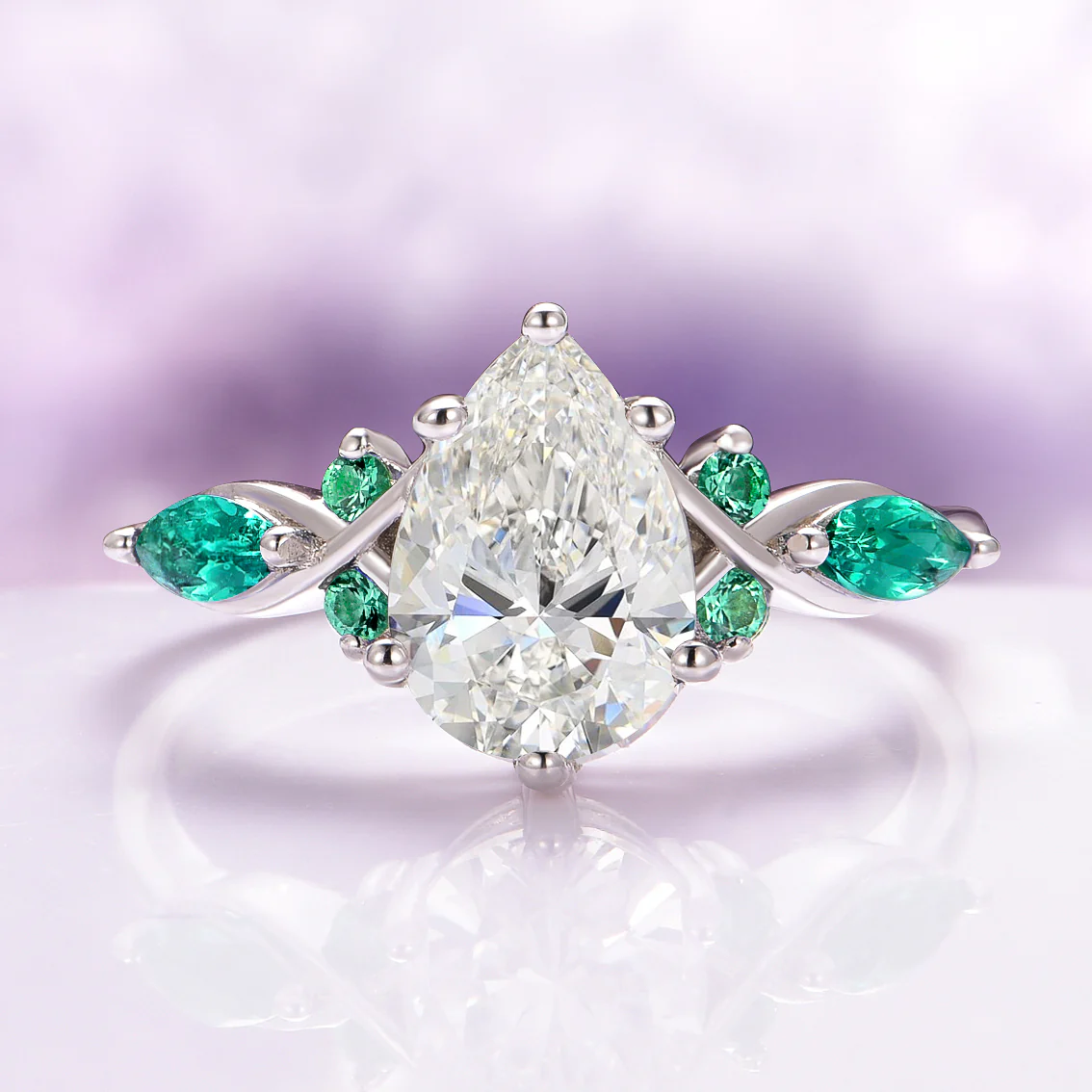 Feyra Emerald and Moissanite Engagement Ring Set- 14K White Gold - Image 3