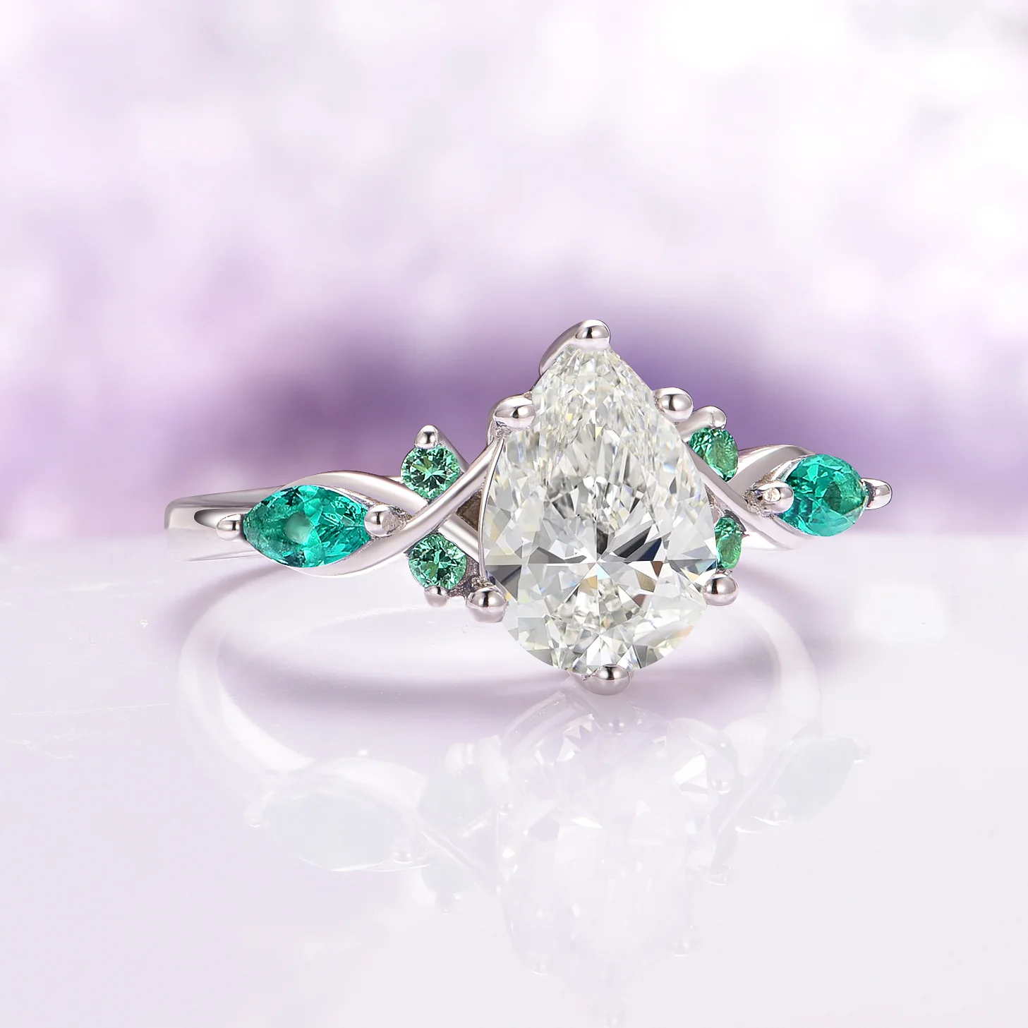 Feyra Emerald and Moissanite Engagement Ring Set- 14K White Gold - Image 5