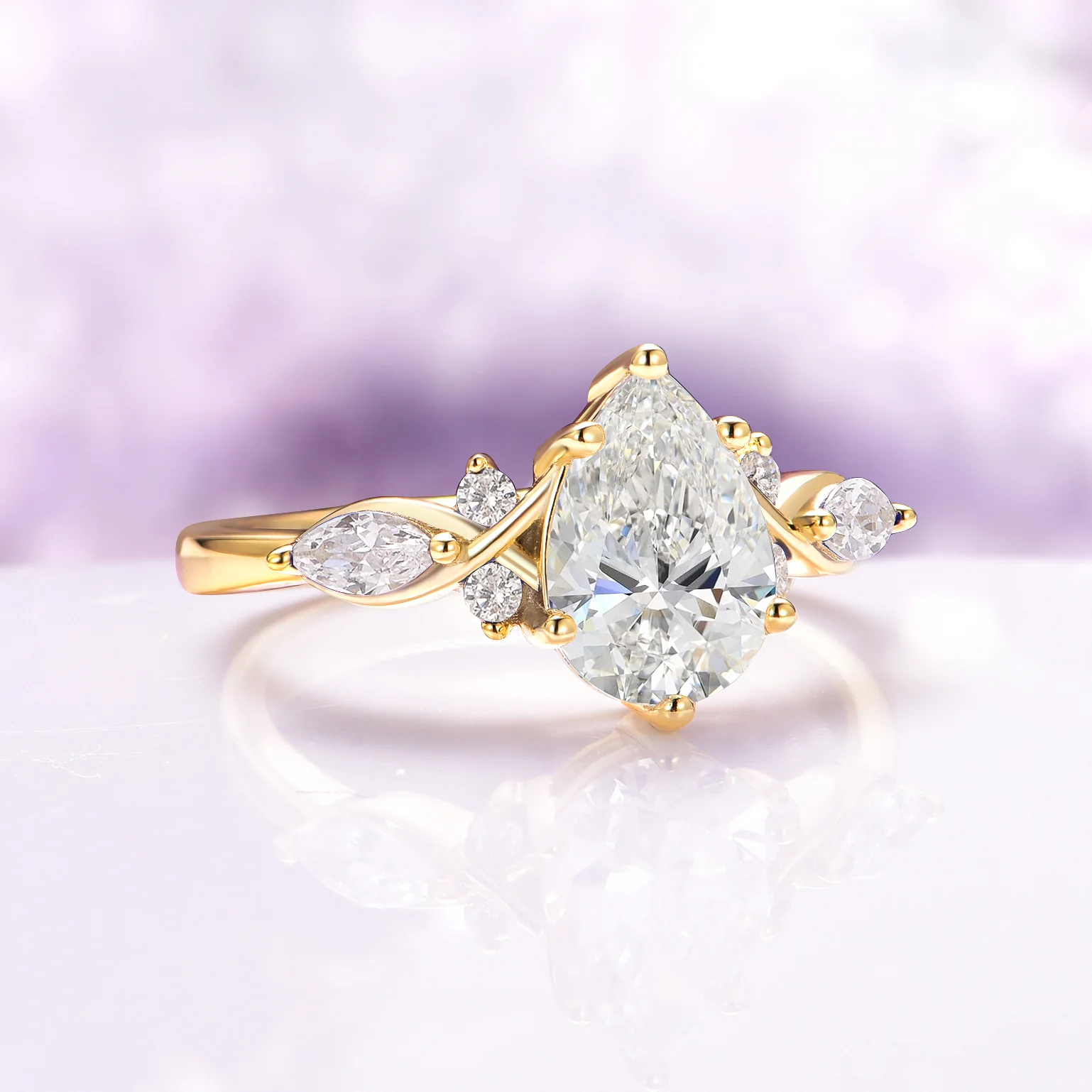 Feyra Moissanite Bridal Ring Set- 14K Solid Yellow Gold - Image 5