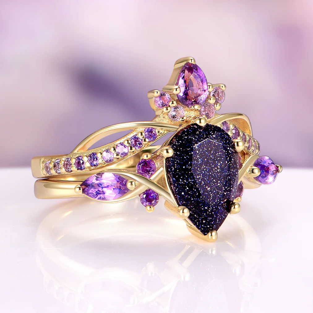 Feyra Starry Night & Amethyst Ring Set in Solid 14K Yellow Gold - Image 2