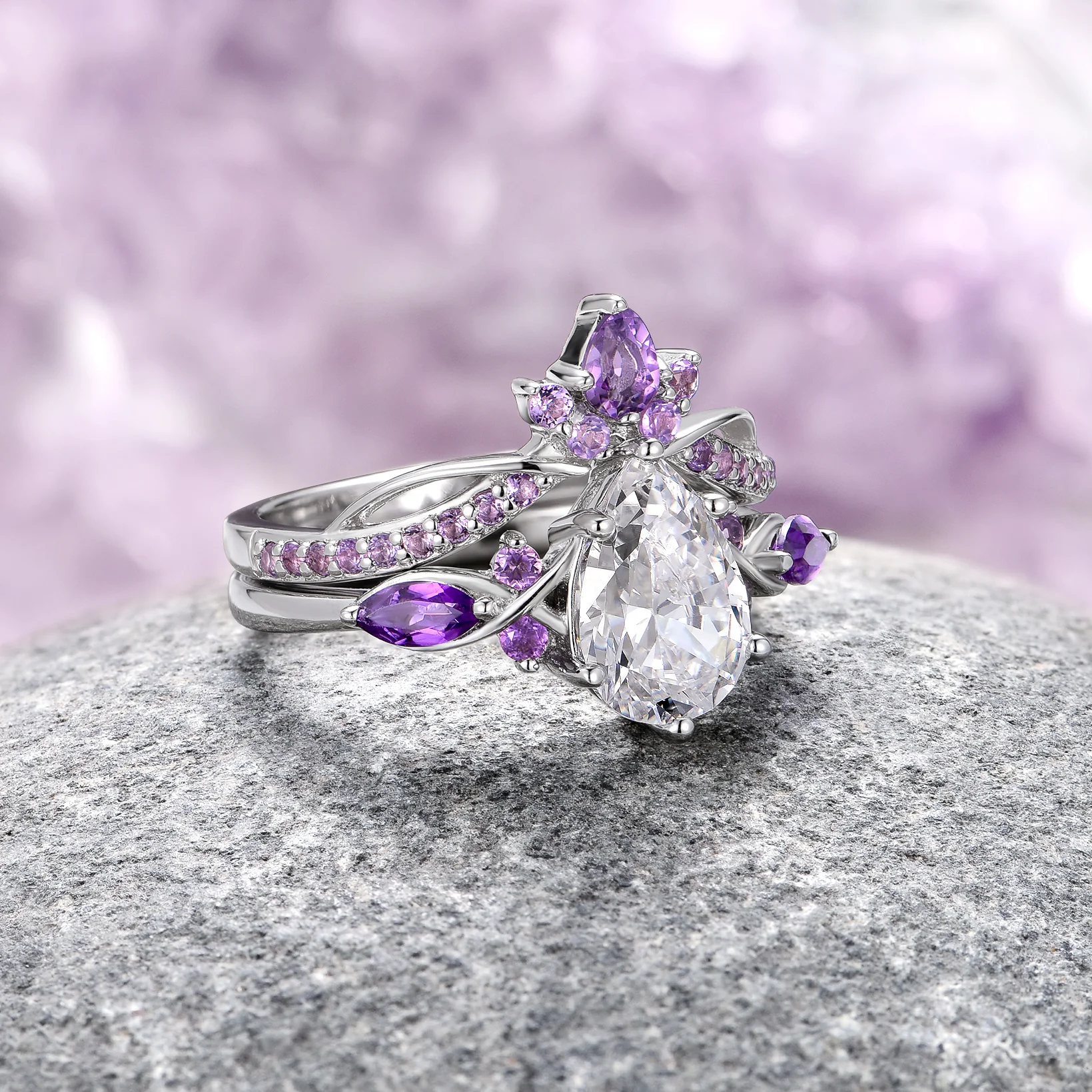 Feyra Natural Amethyst & Simulated Diamond Engagement Ring Set in Sterling Silver - Image 6