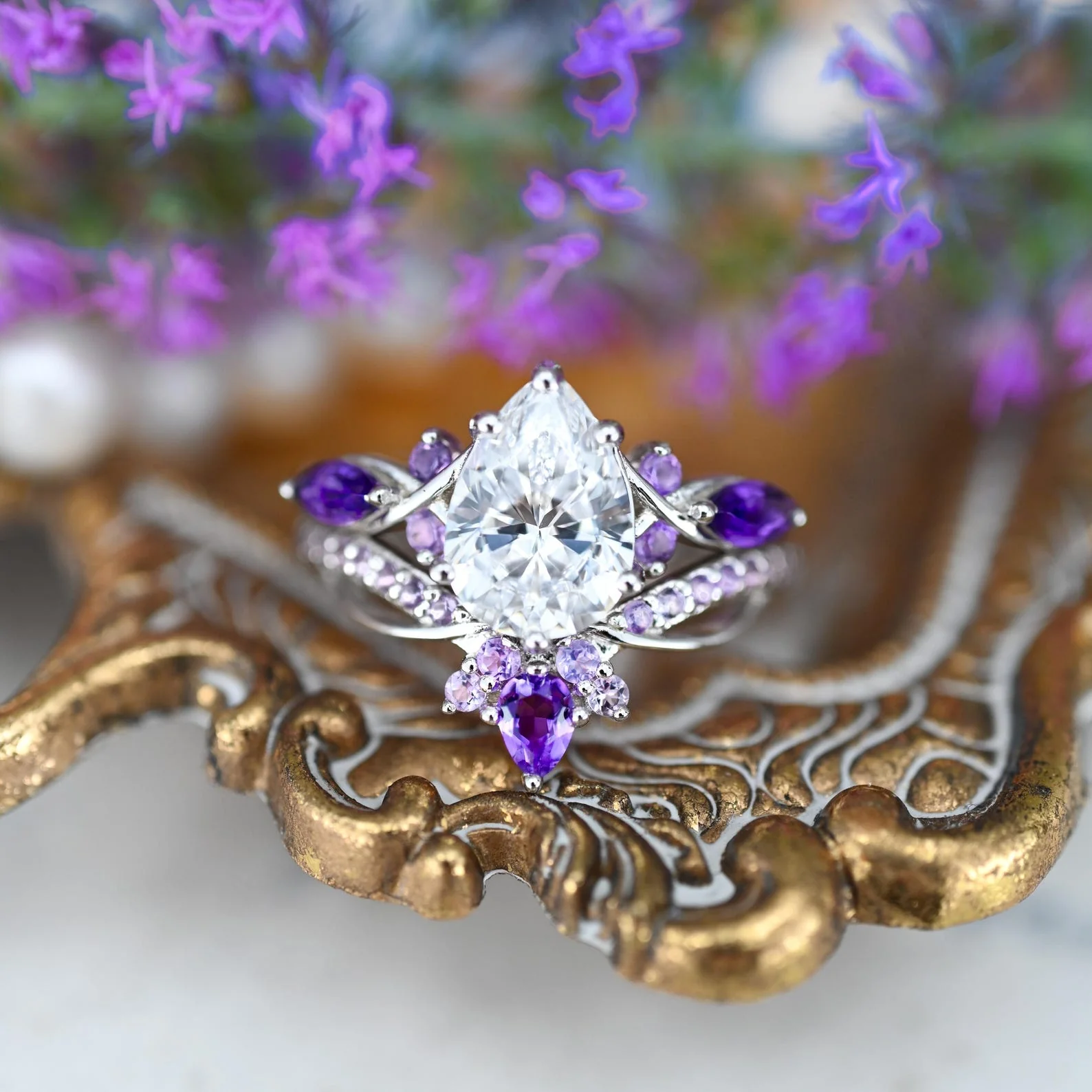 Feyra Natural Amethyst & Simulated Diamond Engagement Ring Set in Sterling Silver - Image 5