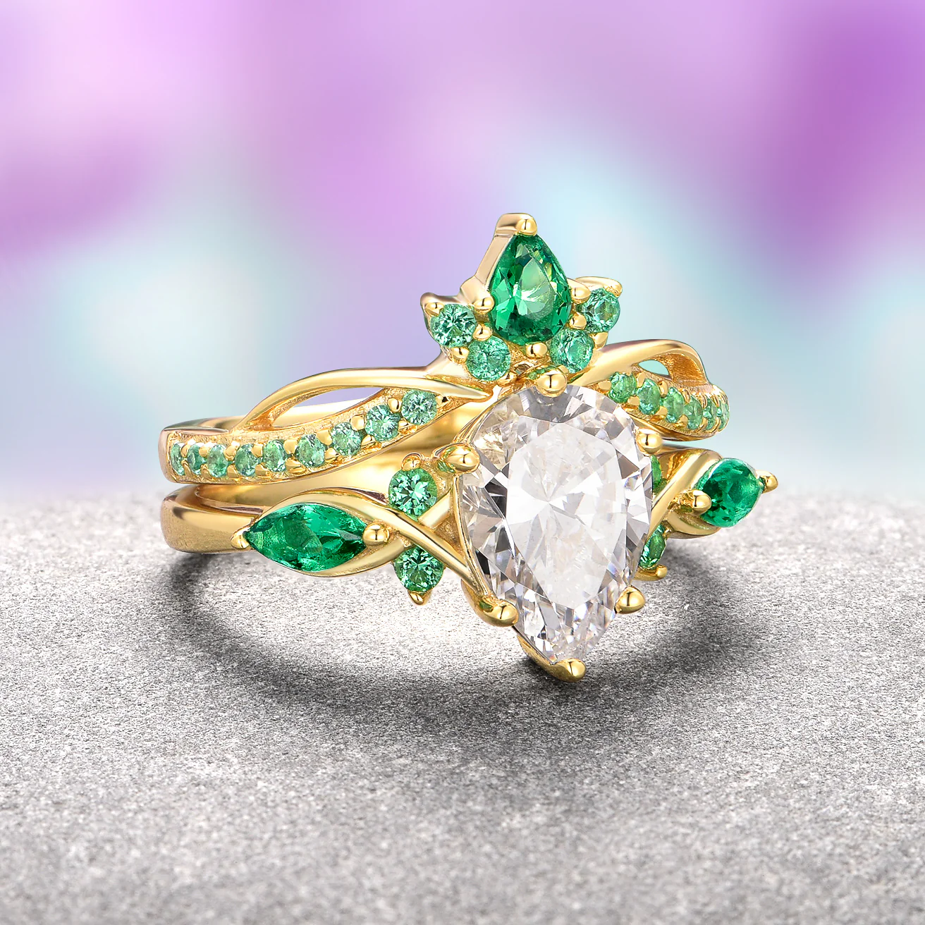Feyra Emerald & Moissanite Engagement Ring Set- 14K Solid Yellow Gold - Image 3