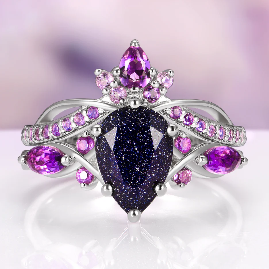 Feyra Starry Night & Amethyst Ring Set in 14K White Gold