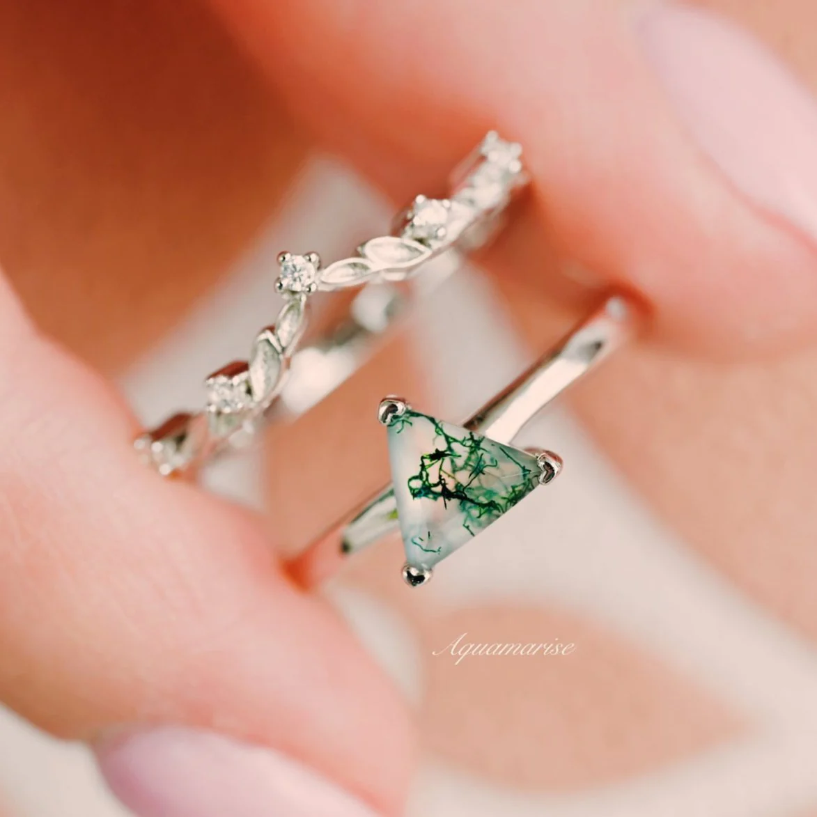 Triangle Green Moss Agate Engagement Ring in 14K White Gold - Image 2