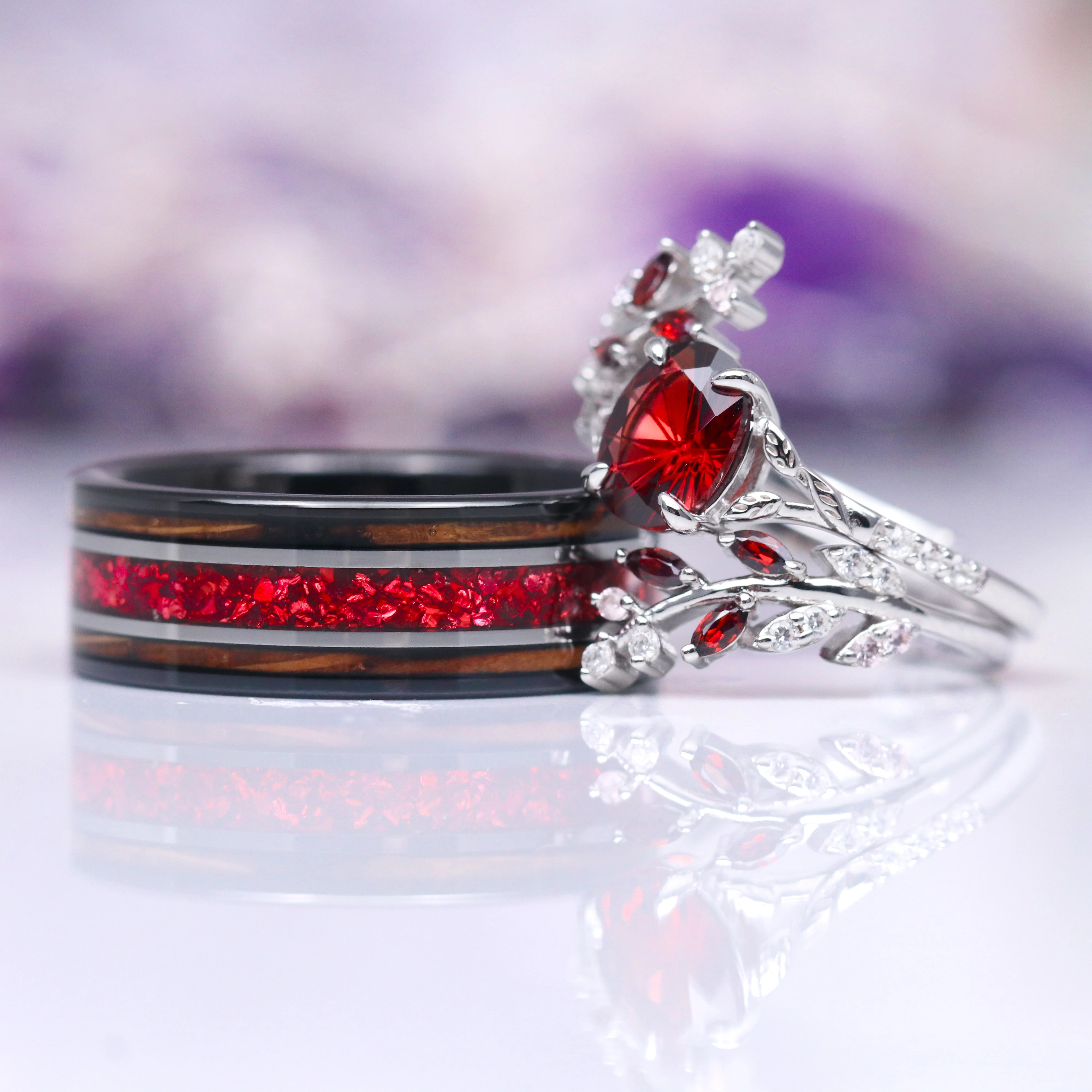 Unique Fireworks Cut Garnet & Whiskey Barrel Couples Ring Set - Image 5