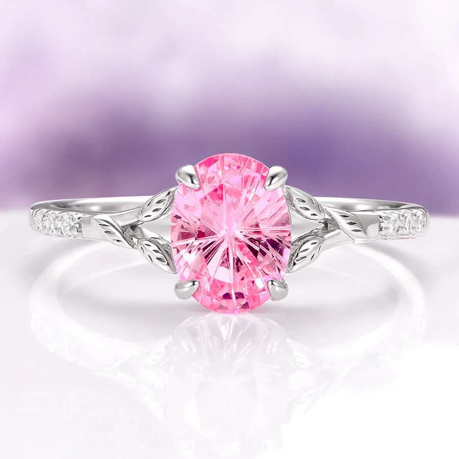 Fireworks Cut Lab-Grown Pink Sapphire Leaf Engagement Ring Set in Sterling Silver - Image 3