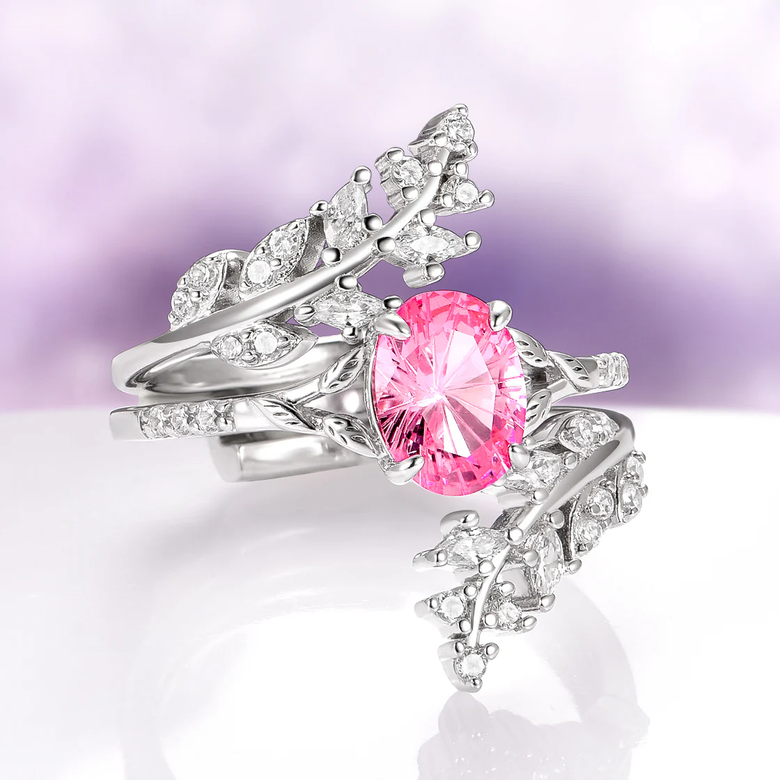 Fireworks Cut Lab-Grown Pink Sapphire Leaf Engagement Ring Set in Sterling Silver - Image 4