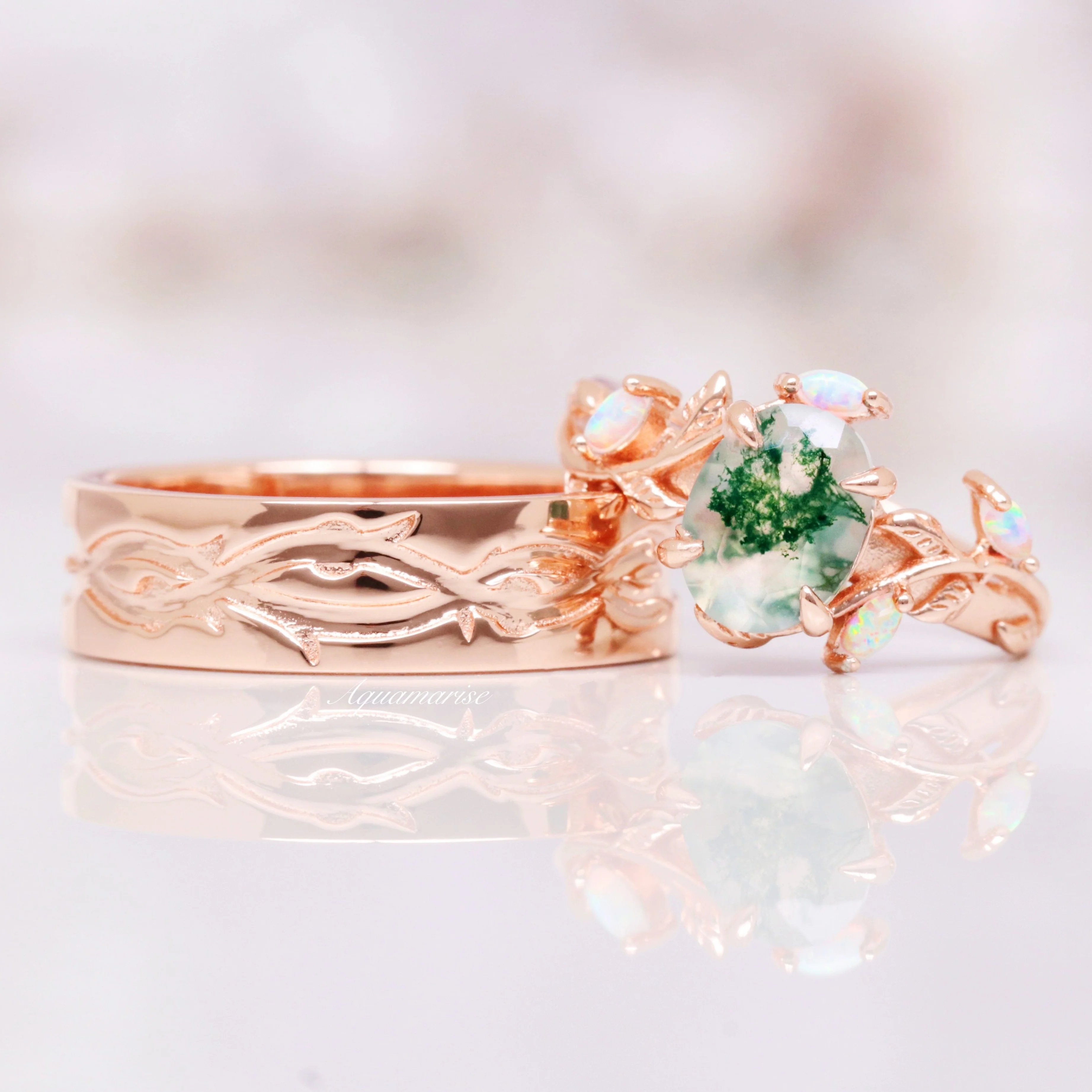Leaf Wedding Band- 6MM 14K Rose Gold Vermeil - Image 2