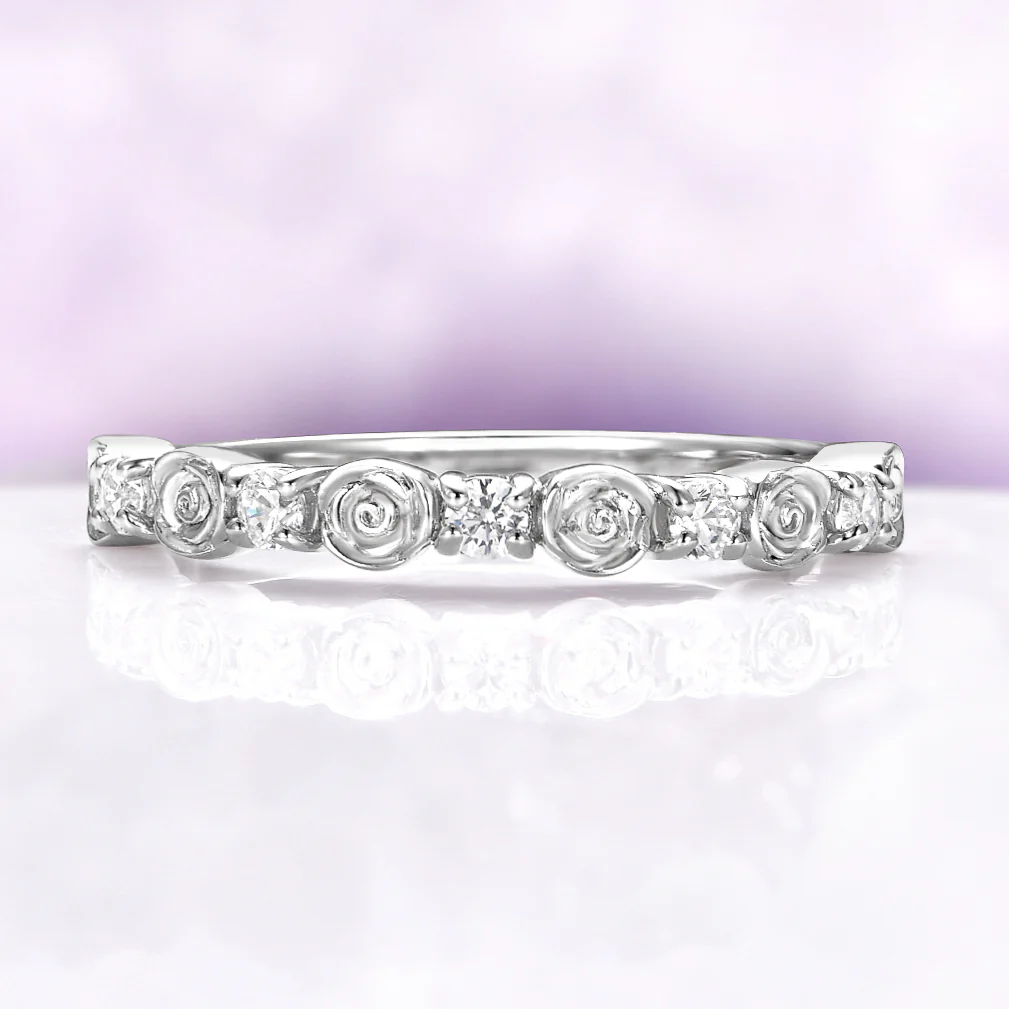 Floral Rose Moissanite Wedding Band in Sterling Silver