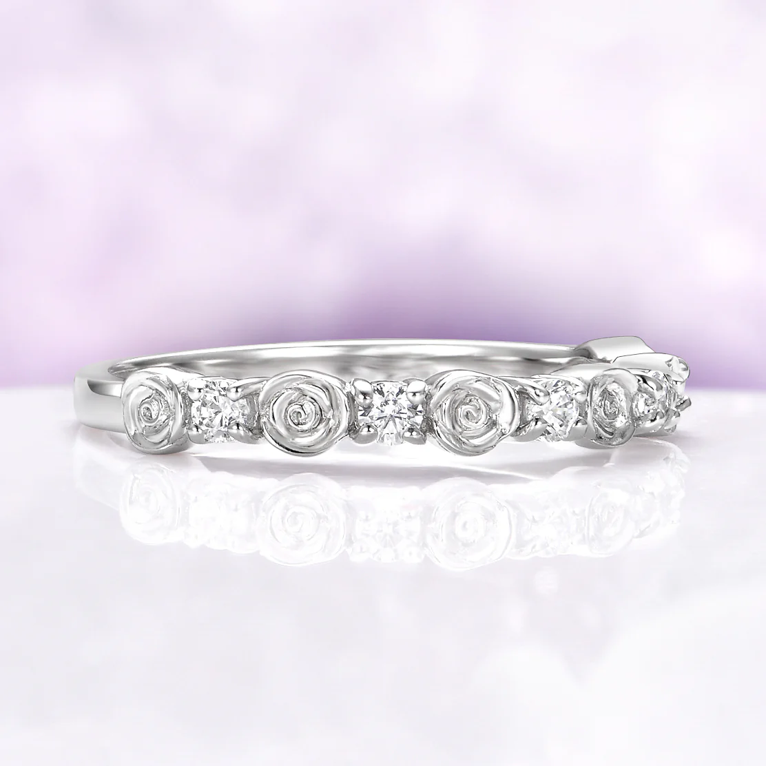 Floral Rose Moissanite Wedding Band in Sterling Silver - Image 2