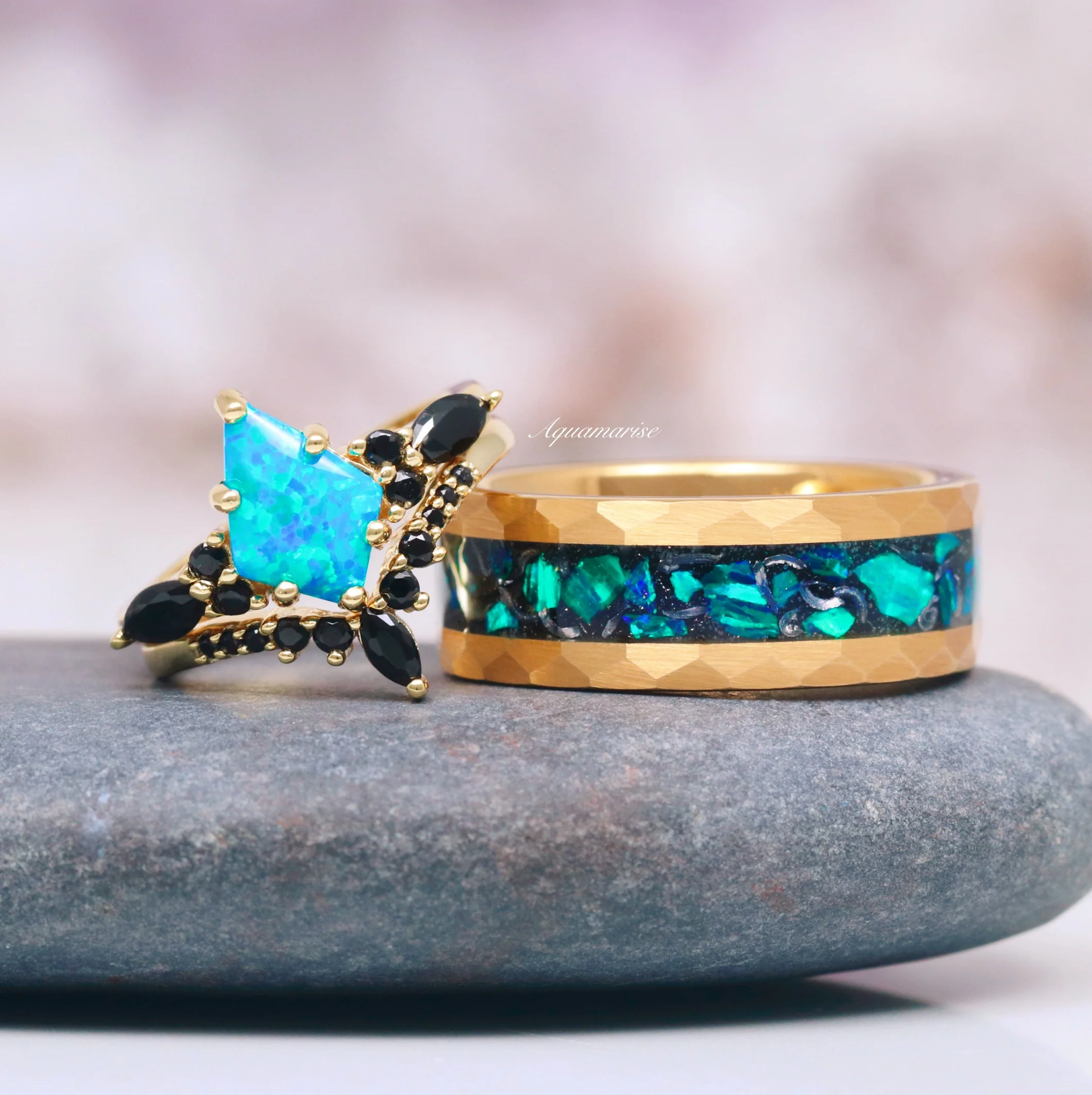 Fire Opal, Meteorite & Starry Night Wedding Band- 8MM Gold Tungsten - Image 2