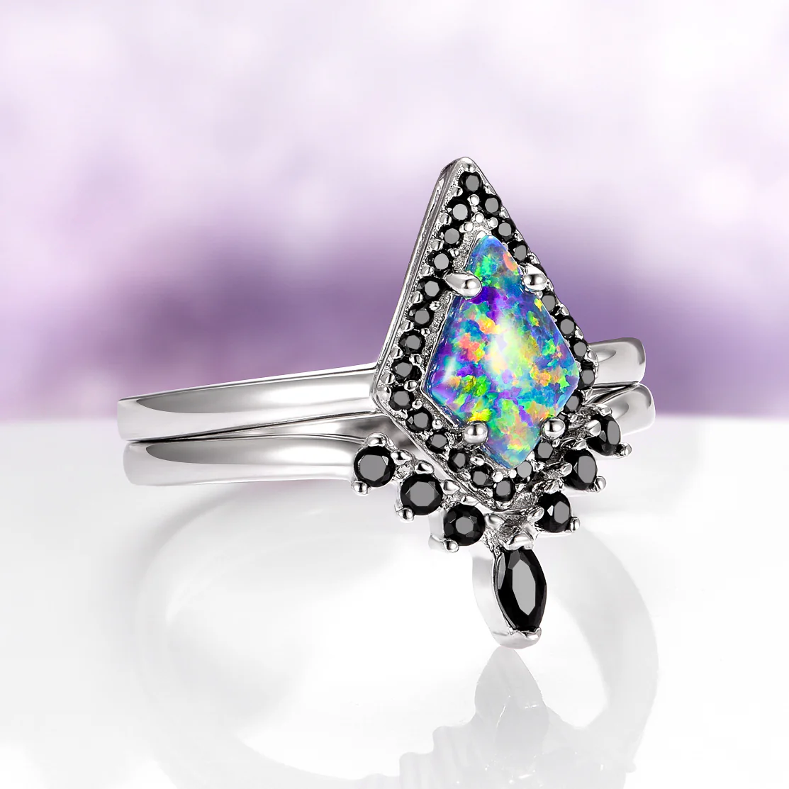 Kite Cut Green Fire Opal & Black Onyx Ring Set in Sterling Silver - Image 8