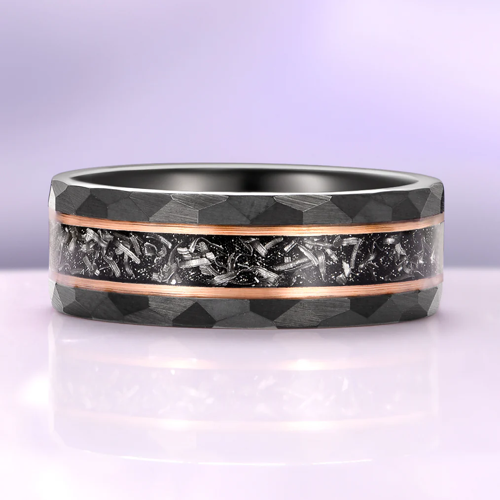 Galaxy Meteorite Hammered Wedding Band in Two-Tone Black Tungsten Carbide (8mm) - Image 8
