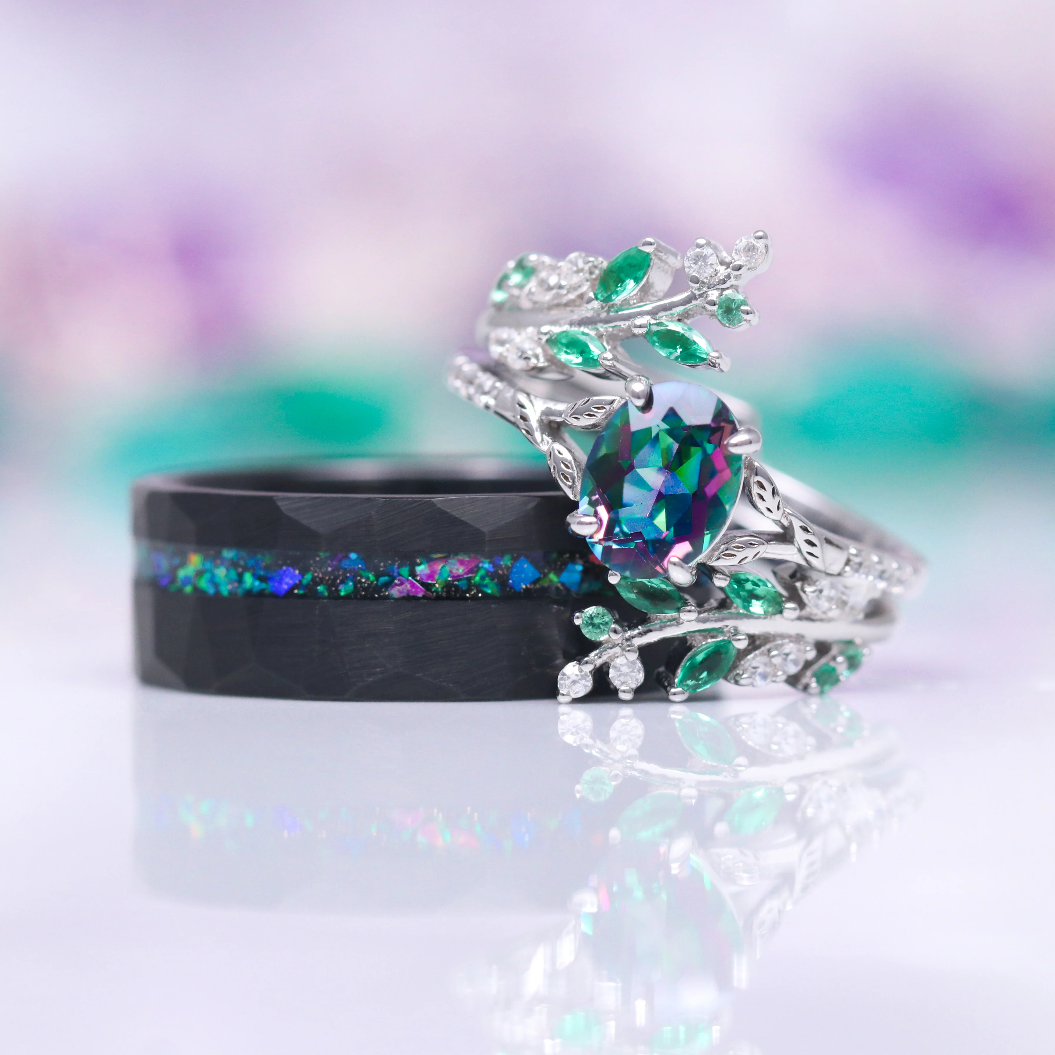 Mystic Opal Wedding Band- 8MM Black Tungsten - Image 2