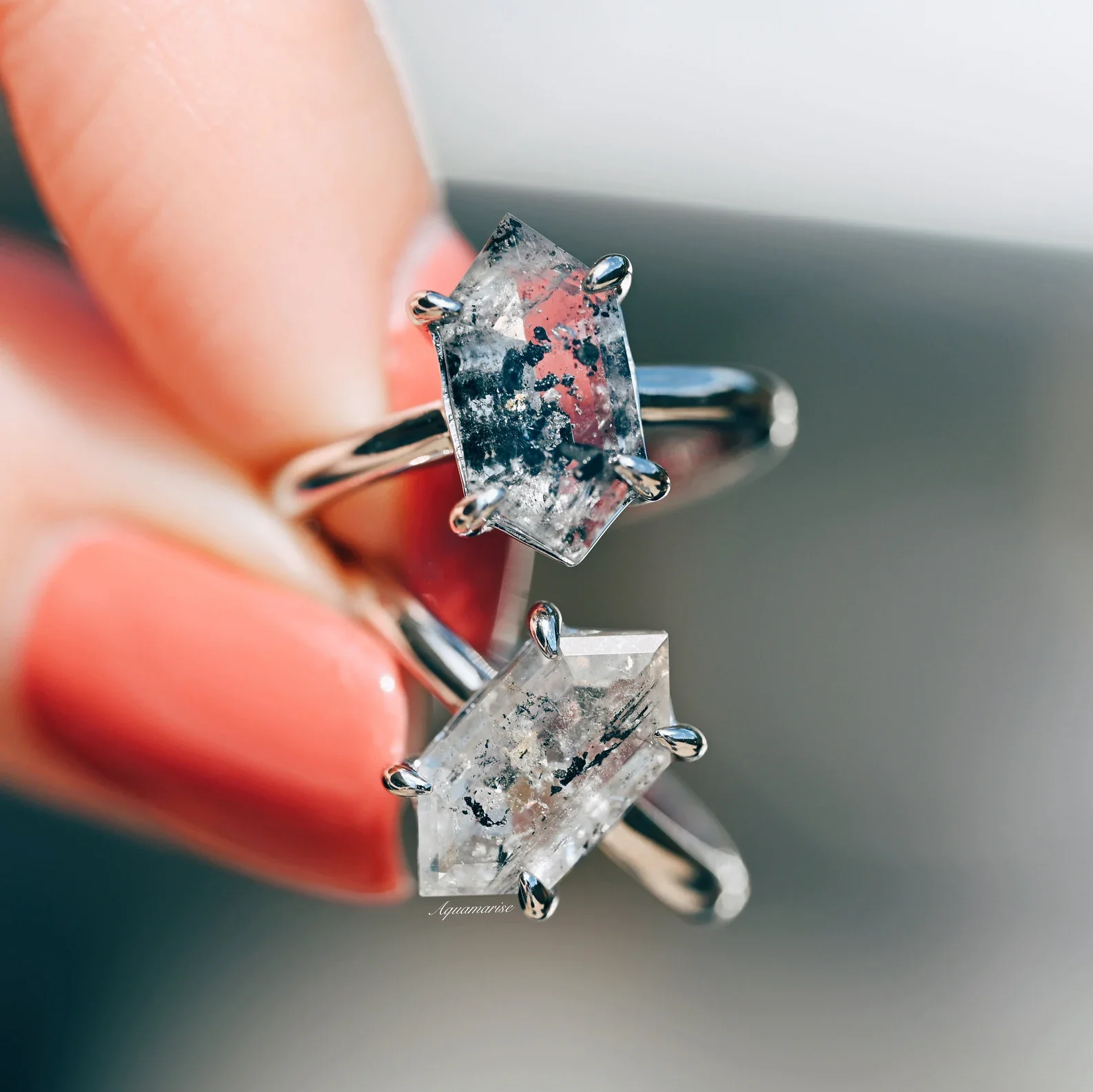 Hexagon Galaxy Raw Salt & Pepper (Herkimer) Diamond Ring- Sterling Silver - Image 3