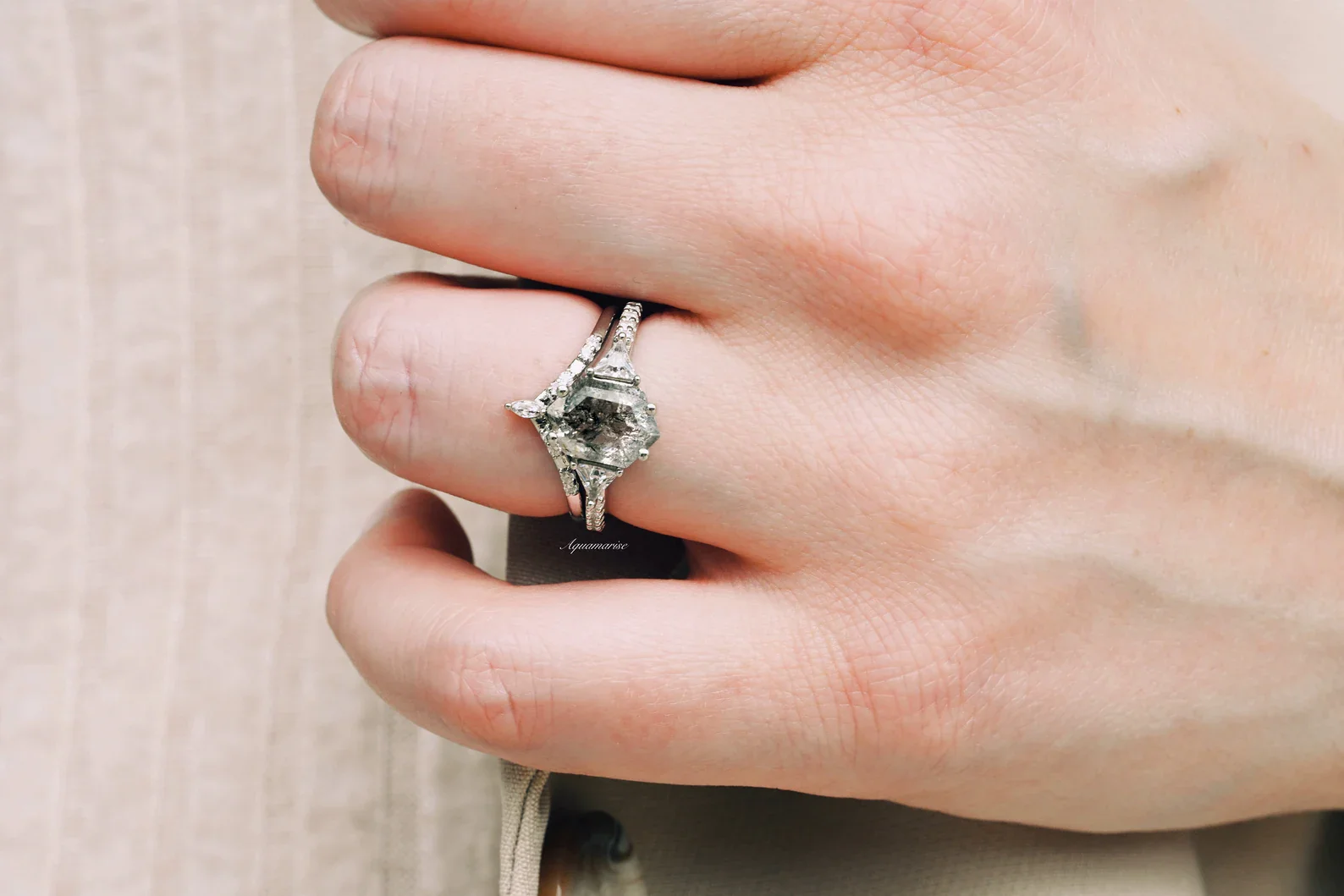 Natural Herkimer Diamond Hexagon Ring Set in Sterling Silver - Image 5
