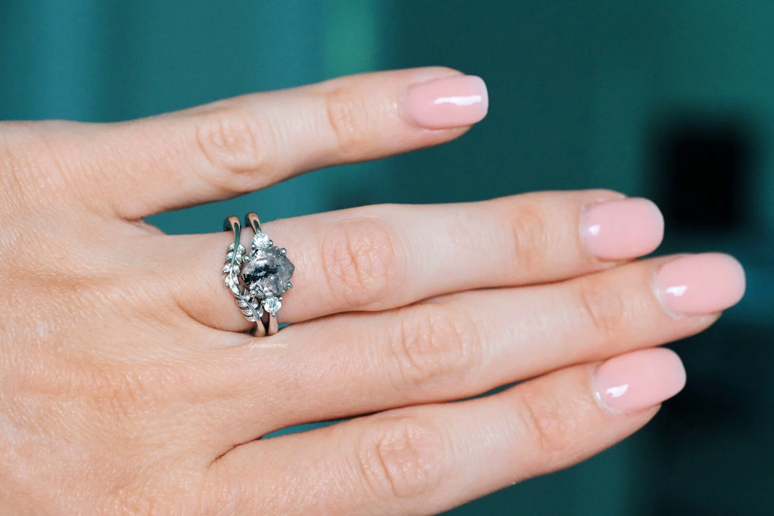 Galaxy Raw Salt & Pepper Diamond (Herkimer Diamond) Ring Set in Sterling Silver - Image 3