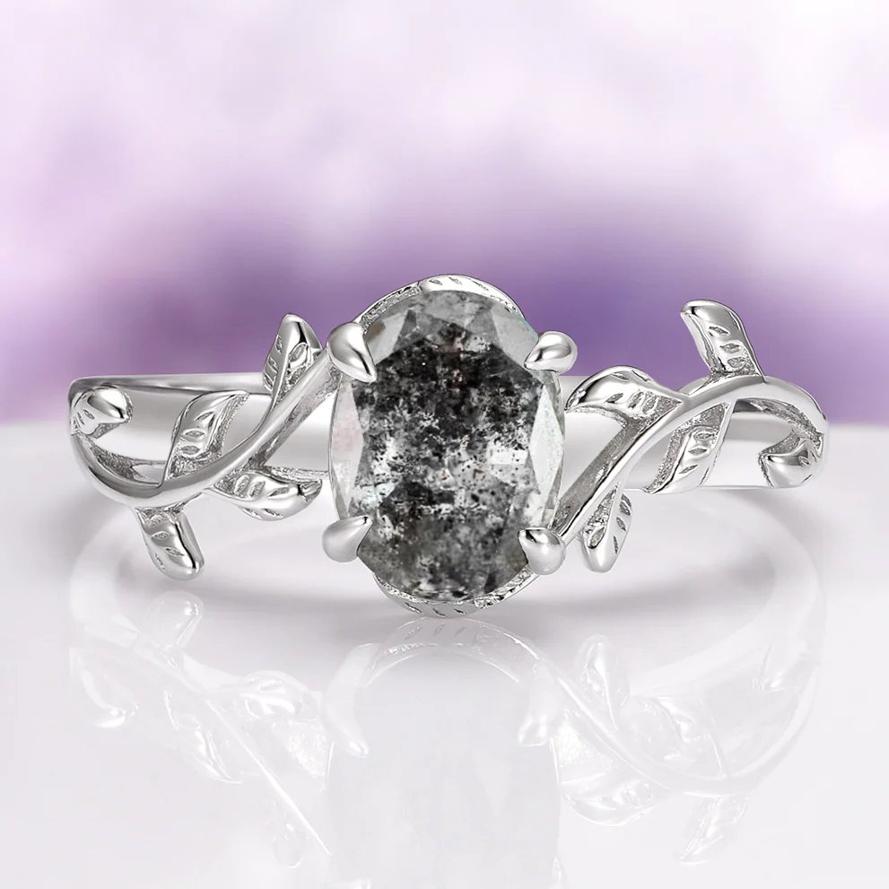 Natural Herkimer Diamond Leaf Engagement Ring in Sterling Silver