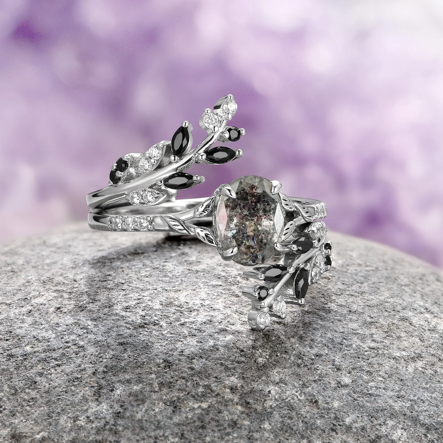 Salt and Pepper (Herkimer) Diamond & Black Onyx Leaf Ring Set in Sterling Silver - Image 9