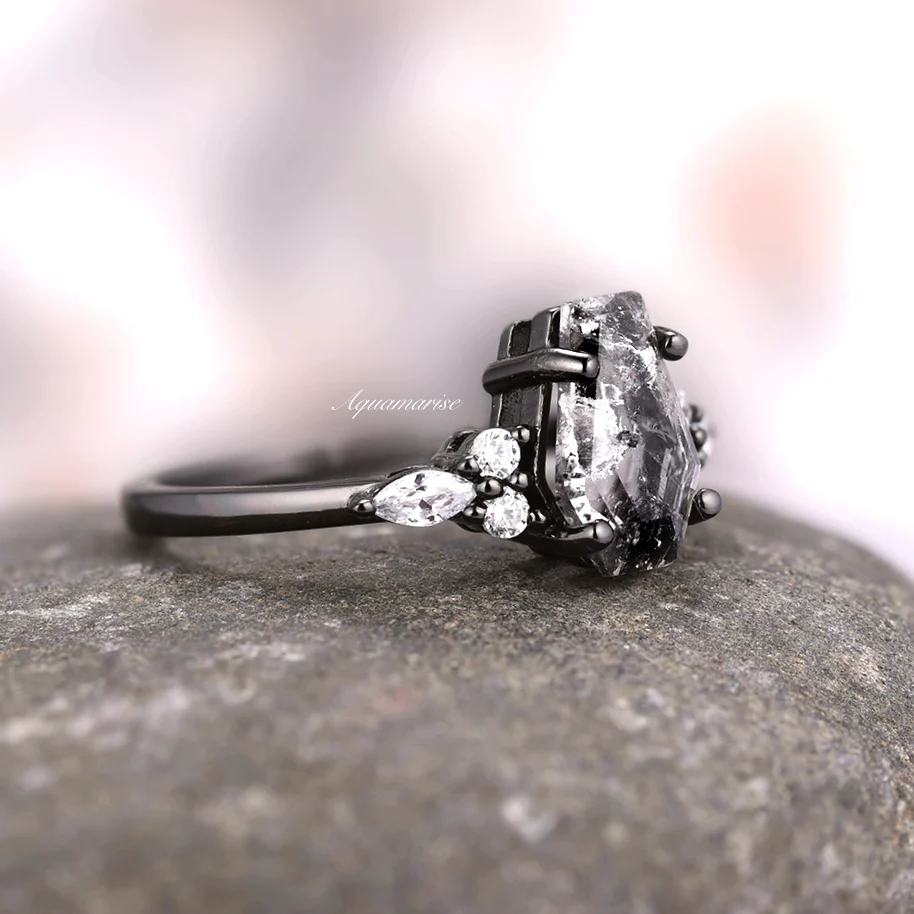 Galaxy Raw Salt & Pepper Diamond (Herkimer Diamond) Engagement Ring- Black Rhodium Filled - Image 4